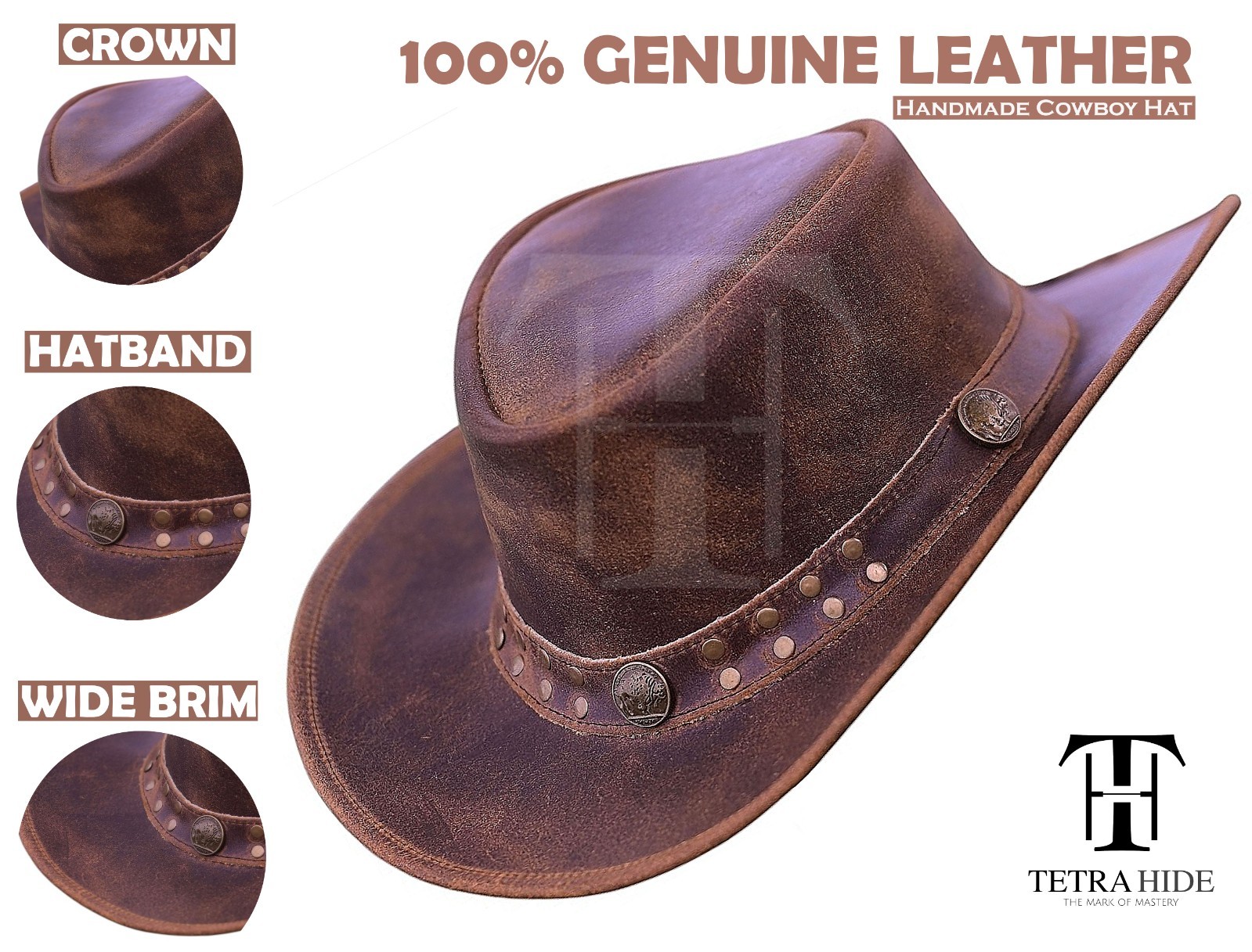 Genuine Leather Cowboy Hat Distressed Brown Crazy Horse Western Outback Bushman