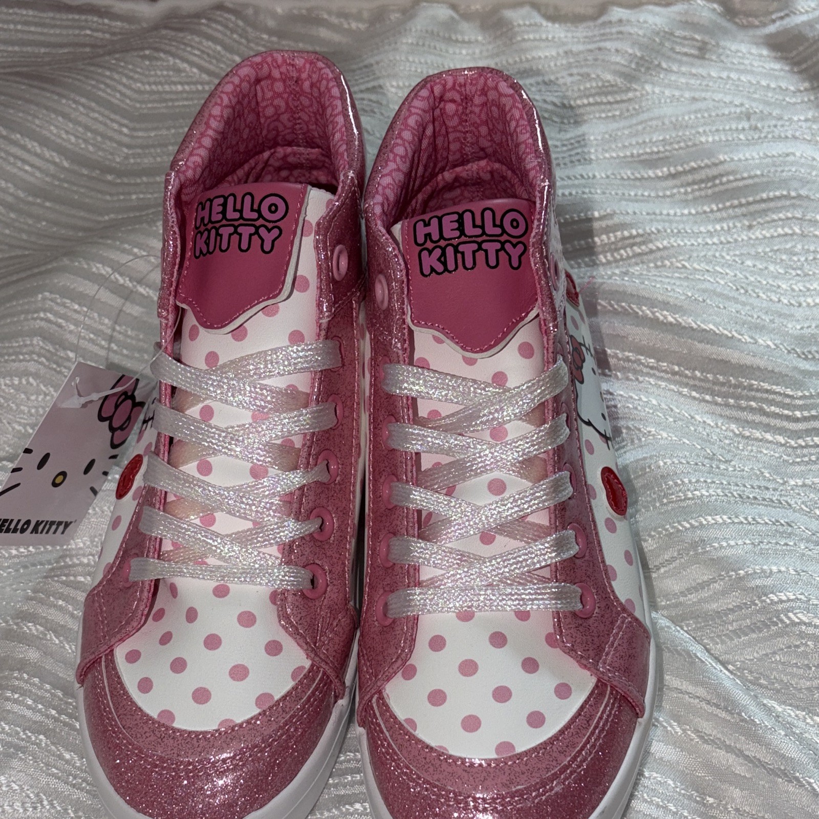 Hello Kitty Unisex Kids Size 4 Pink Glitter Polka Dot High Top Lace-Up