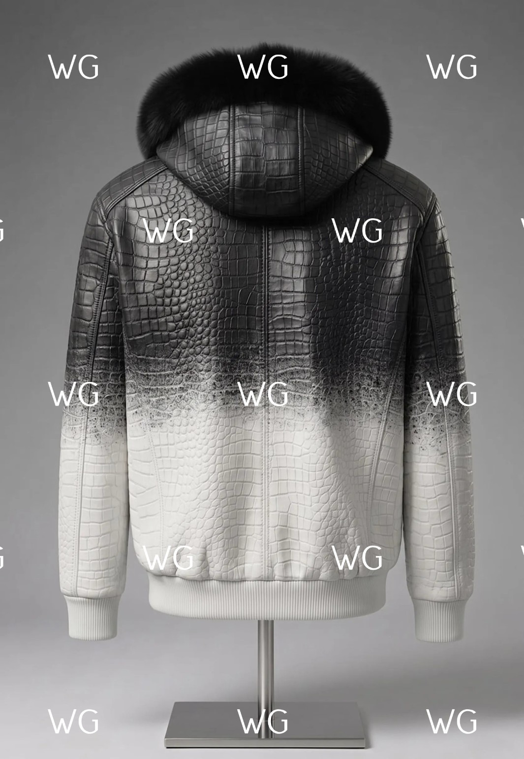 Men’s Two Tone Crocodile Embossed Leather Bomber Jacket with Fur Hood