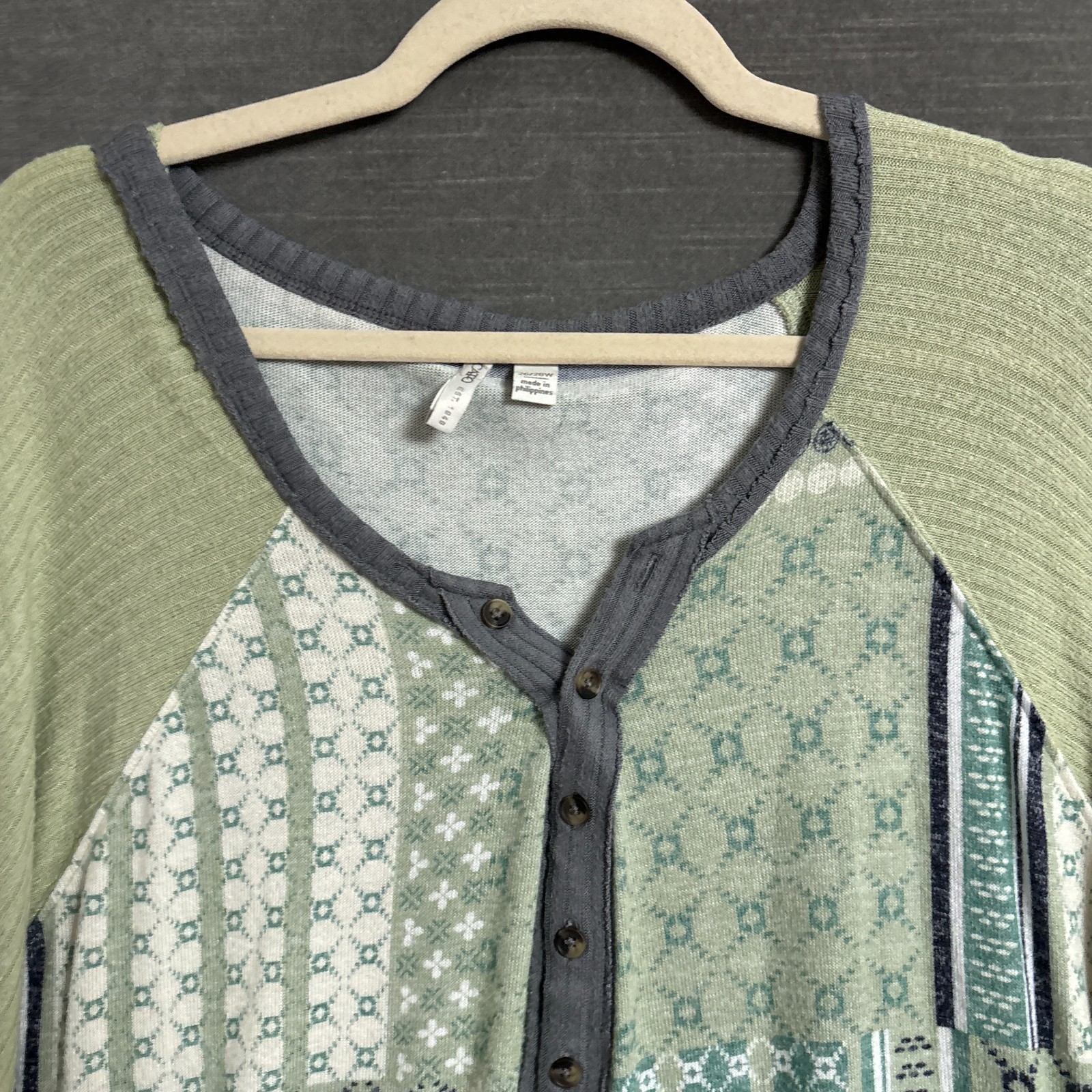 Cato Top 26/28W Green Patchwork Tunic Waffle Thermal Boho Henley Long Sleeve