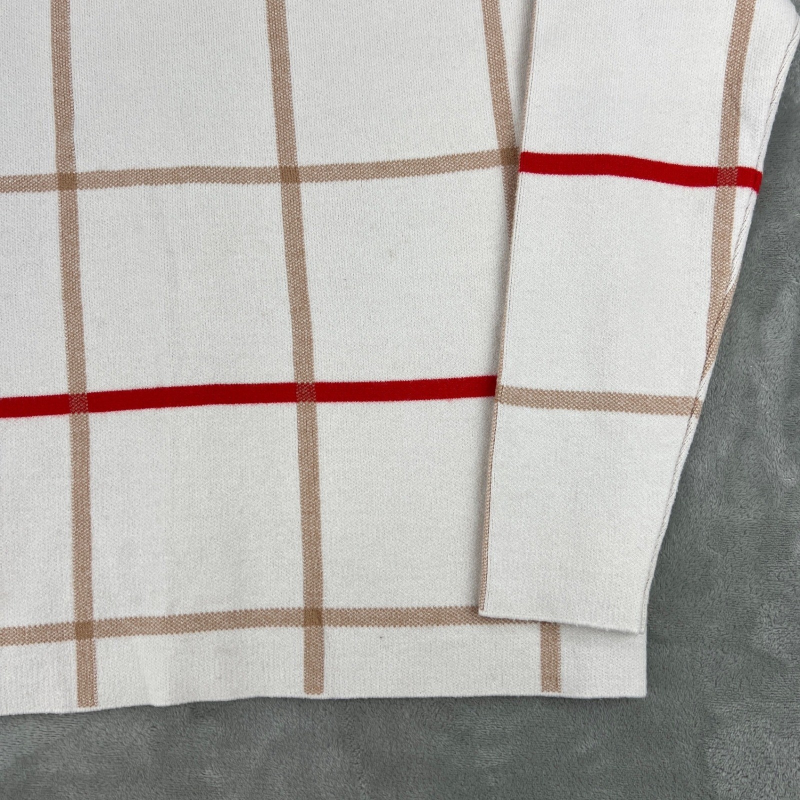 Tahari Women White Windowpane Plaid Button Back Knit Sweater Red Tan Small