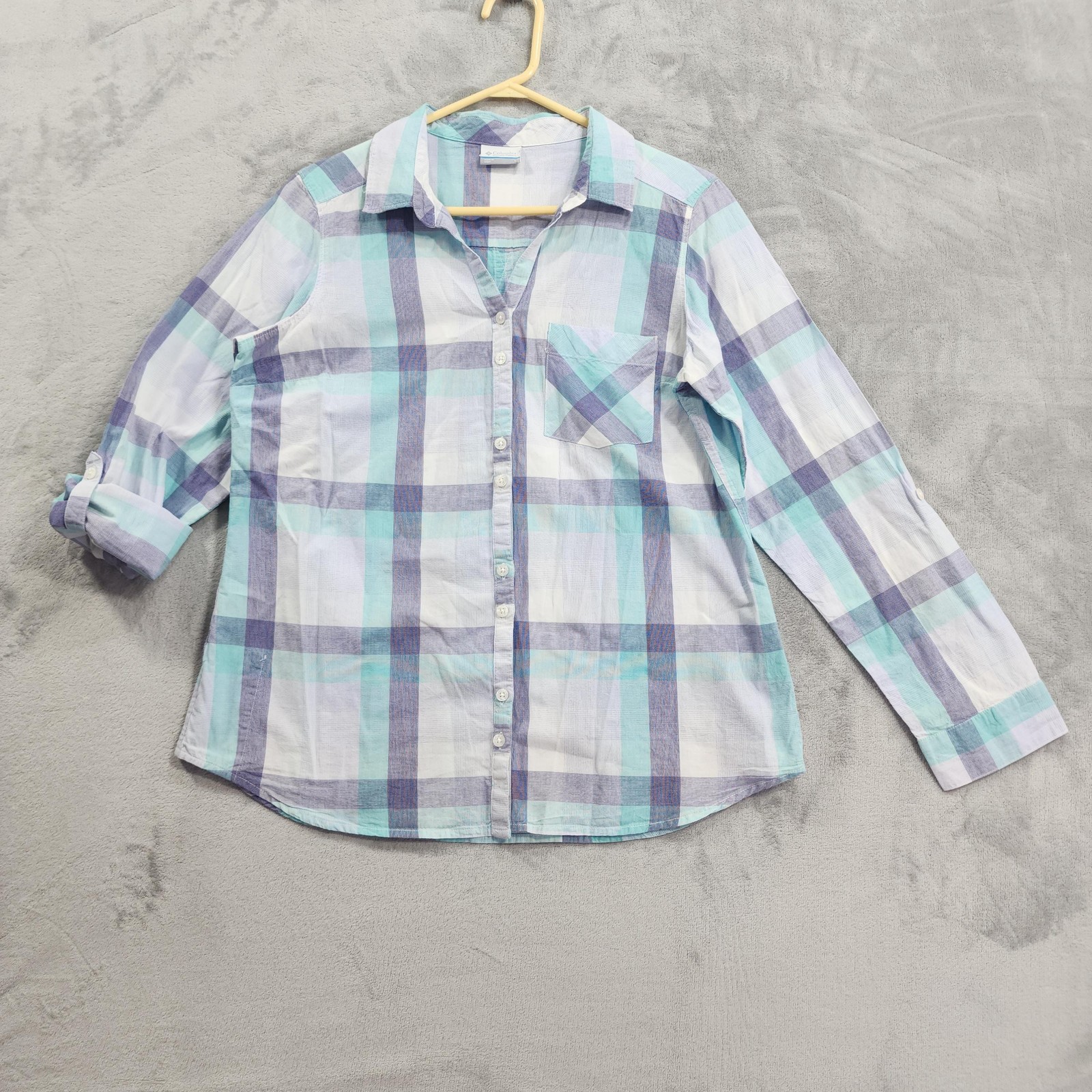 Columbia Shirt Womens L Blue Plaid Button Front Roll Tab Sleeve Cotton Casual