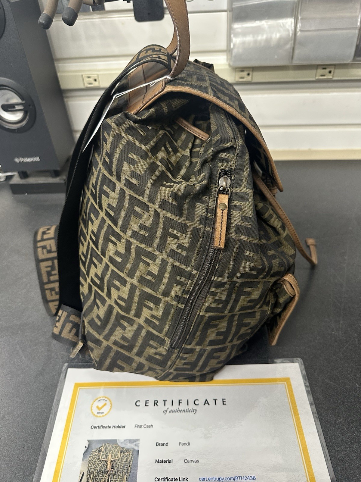 Fendi FF Monogram Backpack Brown/Black Buckle Closure Adjustable Strap Gold