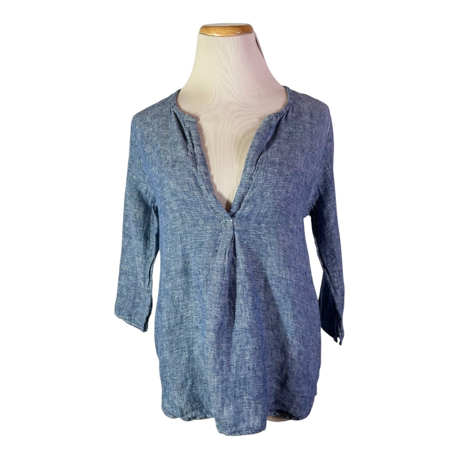 CP Shades Size XS 3/4 Sleeve Linen Top Pockets Blue