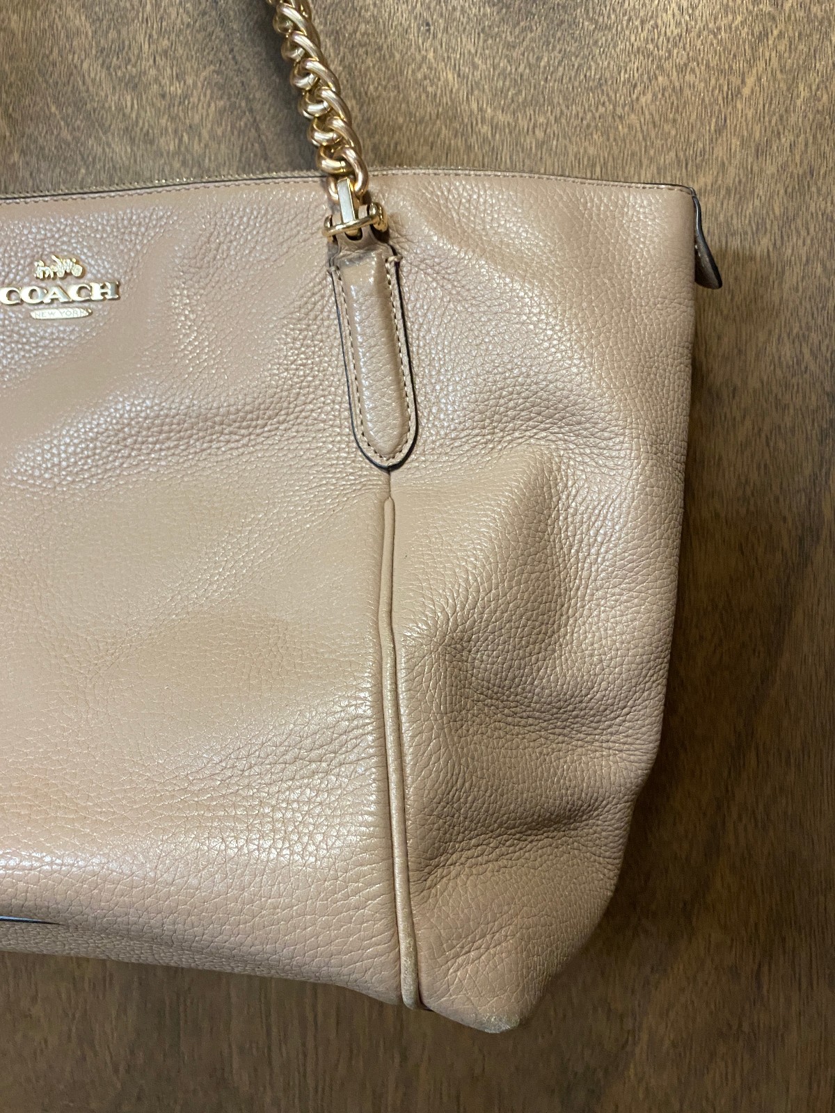 Coach Ava Chain Leather Tote Handbag Beige Shoulder Bag Purse 87775