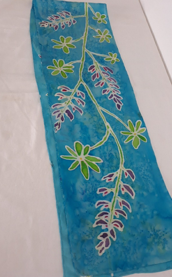Hand Painted Batik Long Silk Scarf Turquoise Blue Floral 8×54 Rolled Hem