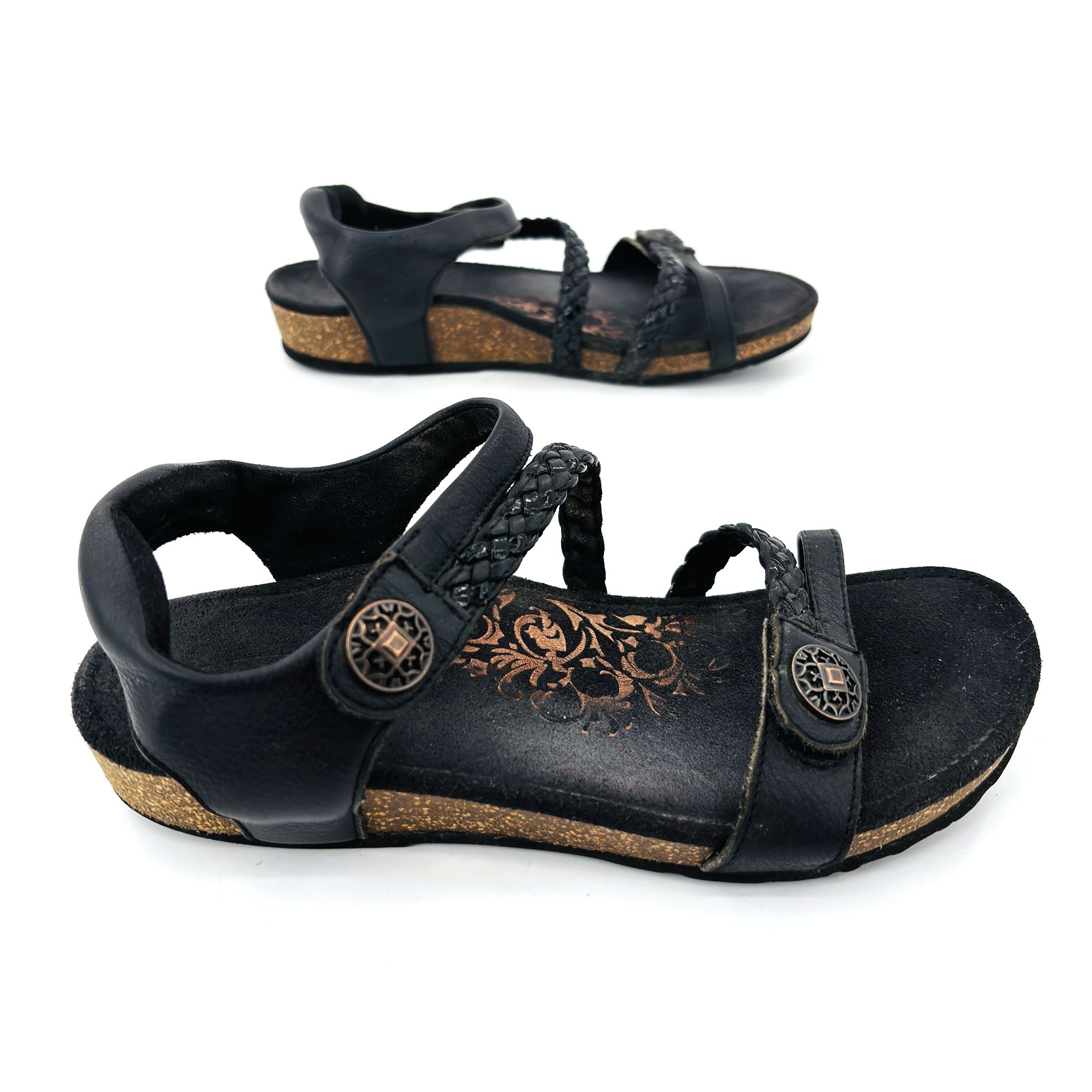 Womens 8 Aetrex Jillian Black Leather Wedge Sandals Braided Slingback SC450W