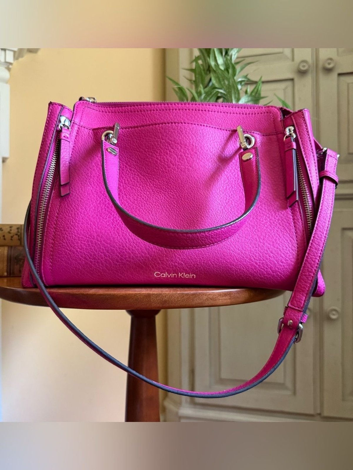 Calvin Klein Bright Fuchsia Pebbled Leather Satchel Tote with Silver Hardware
