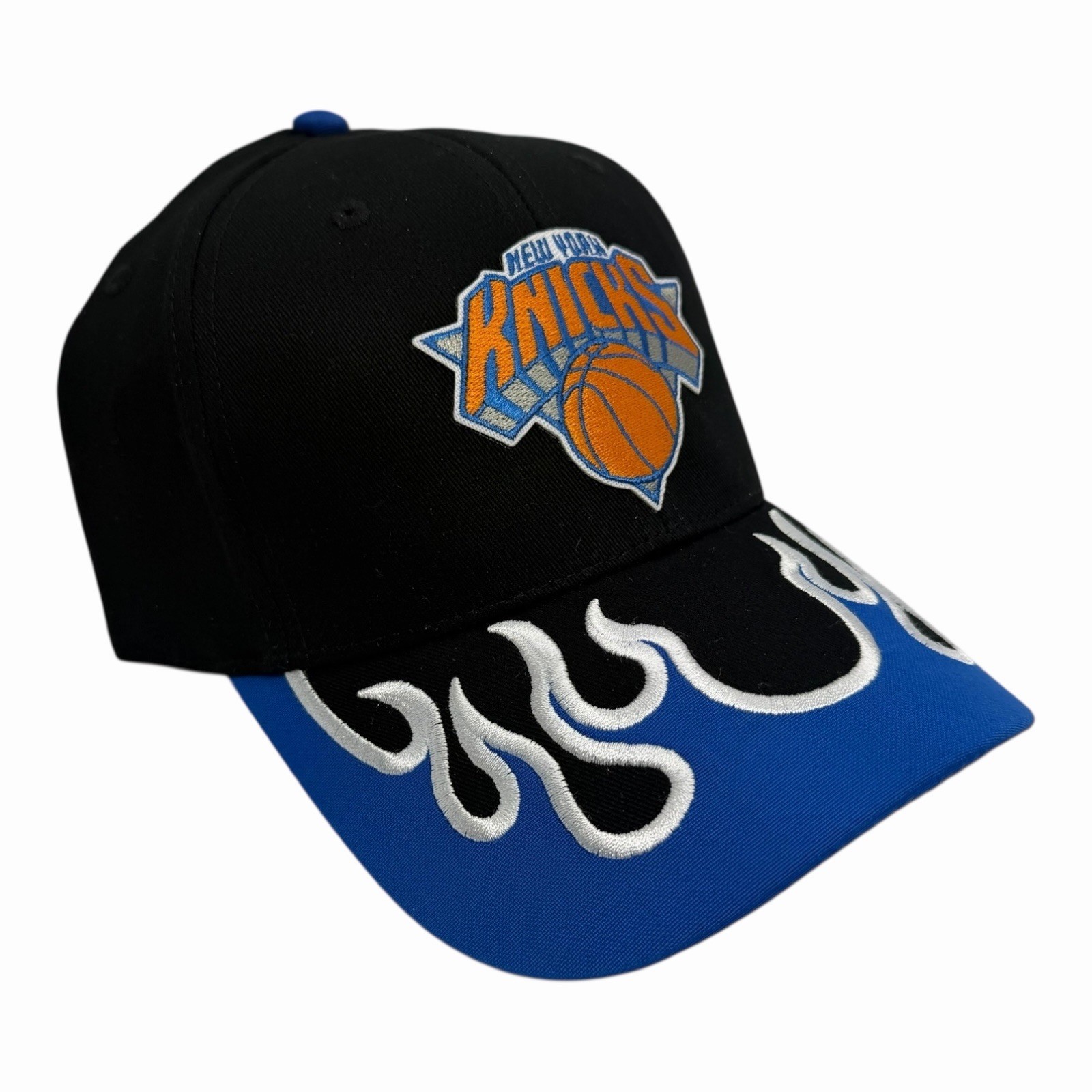 NEW YORK KNICKS BLUE BLACK FLAME RACING HAT NY TRENDY RETRO 6 PANEL PRE CURVED