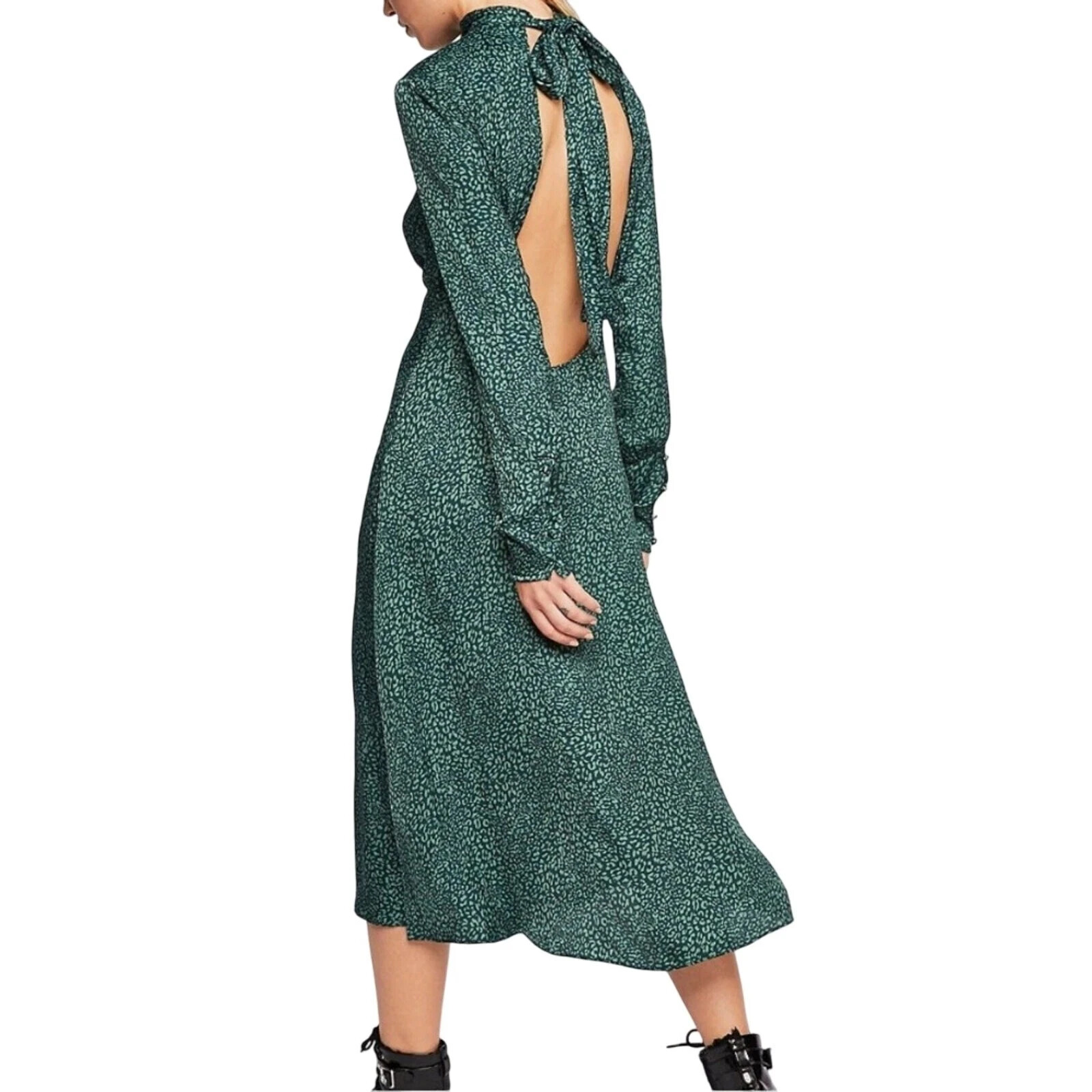 Free People Womens Green Loveless Printed Backless Mock Neck A-Line Midi Dress 2