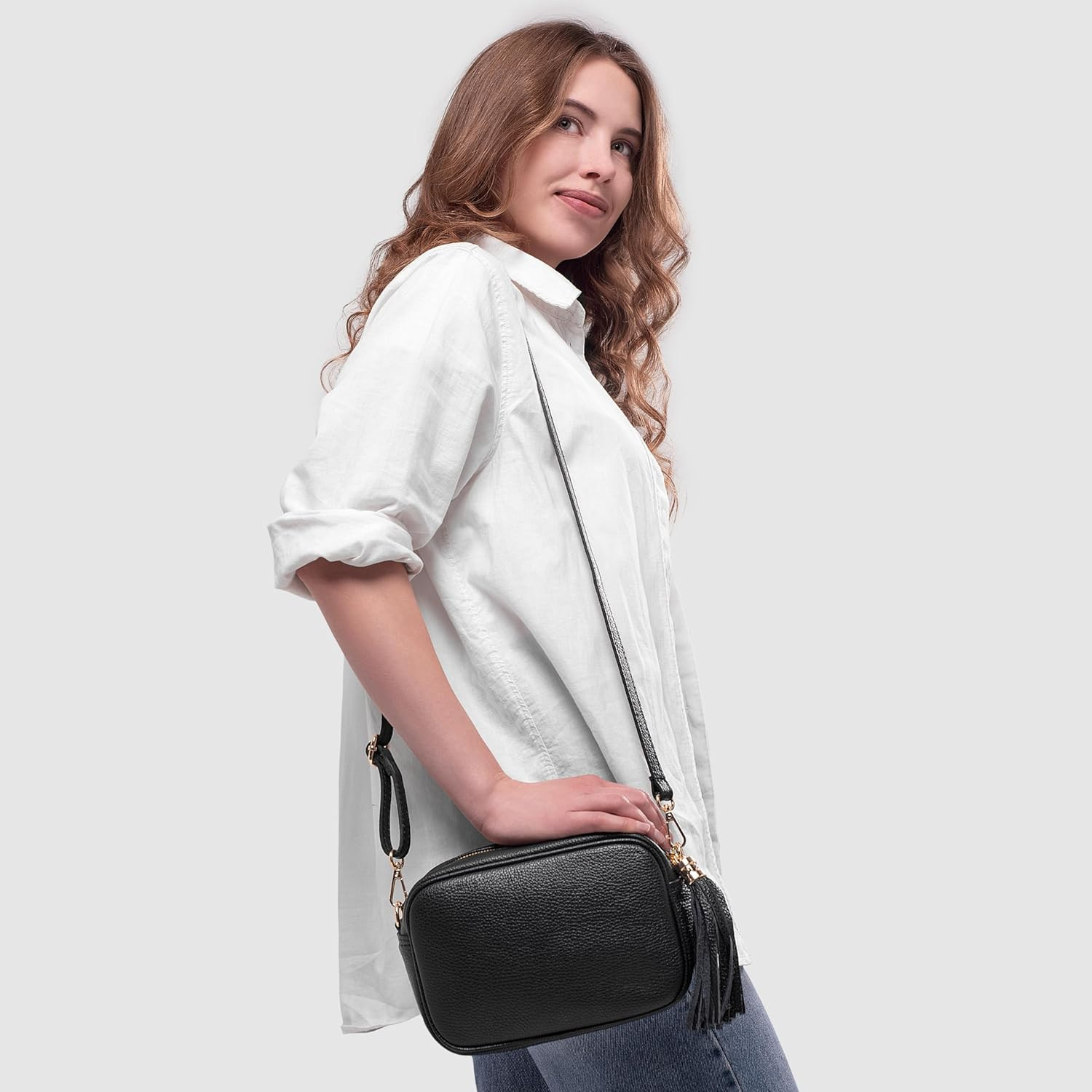 Stylish Italian Calf Leather Crossbody Bag with Tassel Zipper for Women