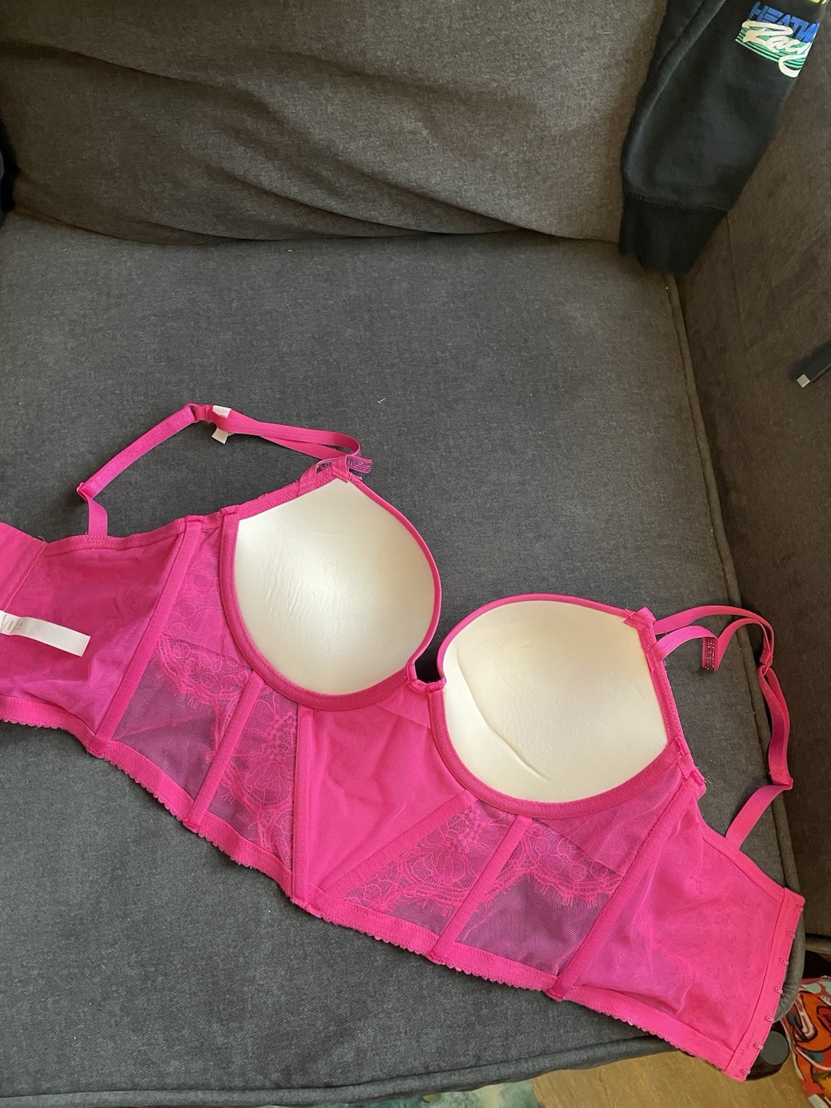 Victoria’s Secret PINK 32DD Underwire Lace Mesh Push-Up Bra Rhinestone Straps