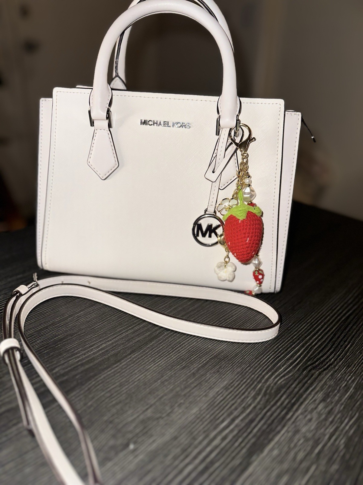 Michael Kors Optic White MAE Leather Messenger Bag Tote NWT Crossbody Purse Tote