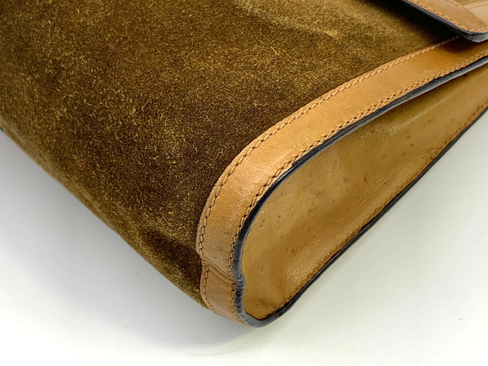 GUCCI VINTAGE Web Stripe Clutch Suede Leather Camel Large Rare Authentic