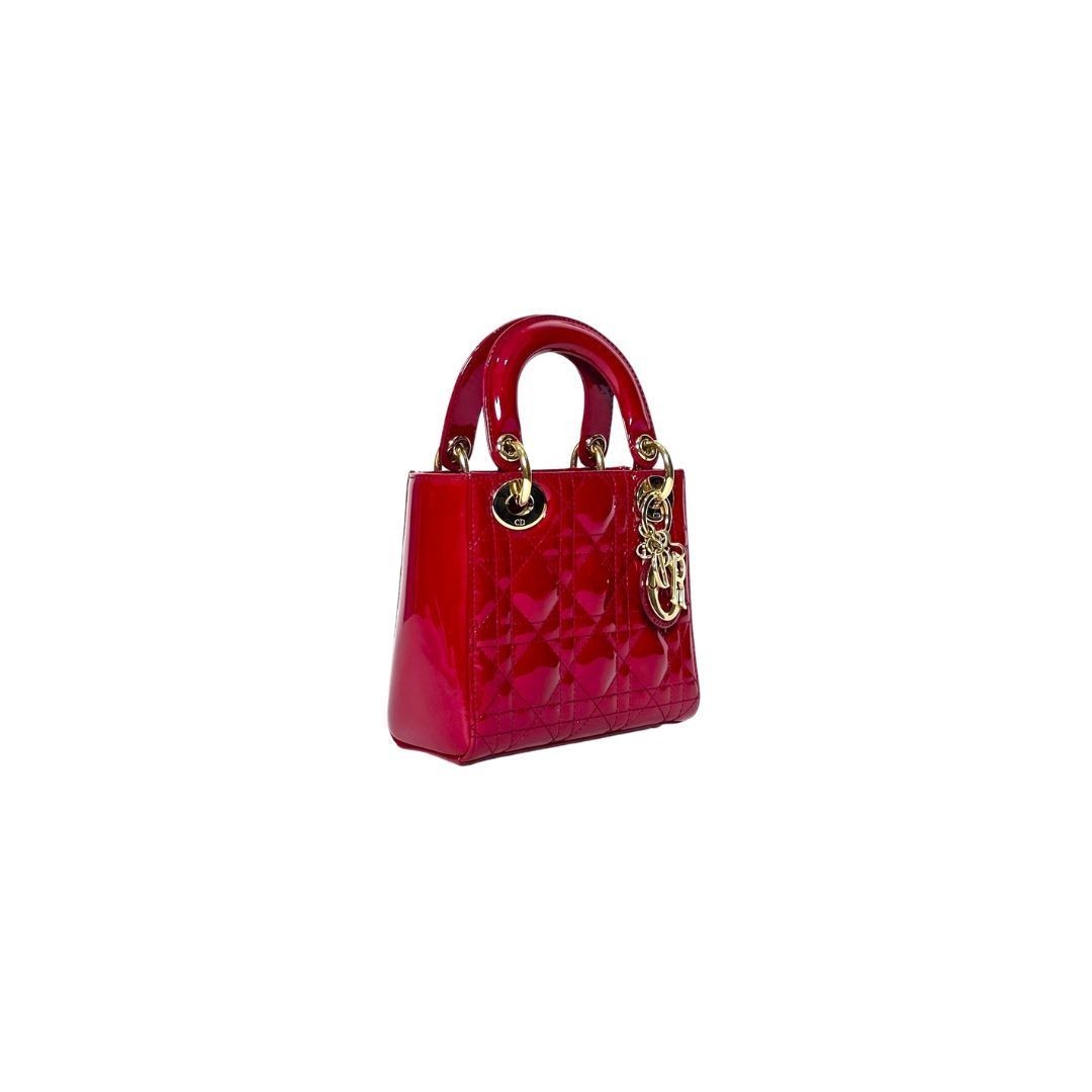 Dior Lady Mini Patent Red GHW Bag 17x15x5cm Serial Number: 28-MA-0178