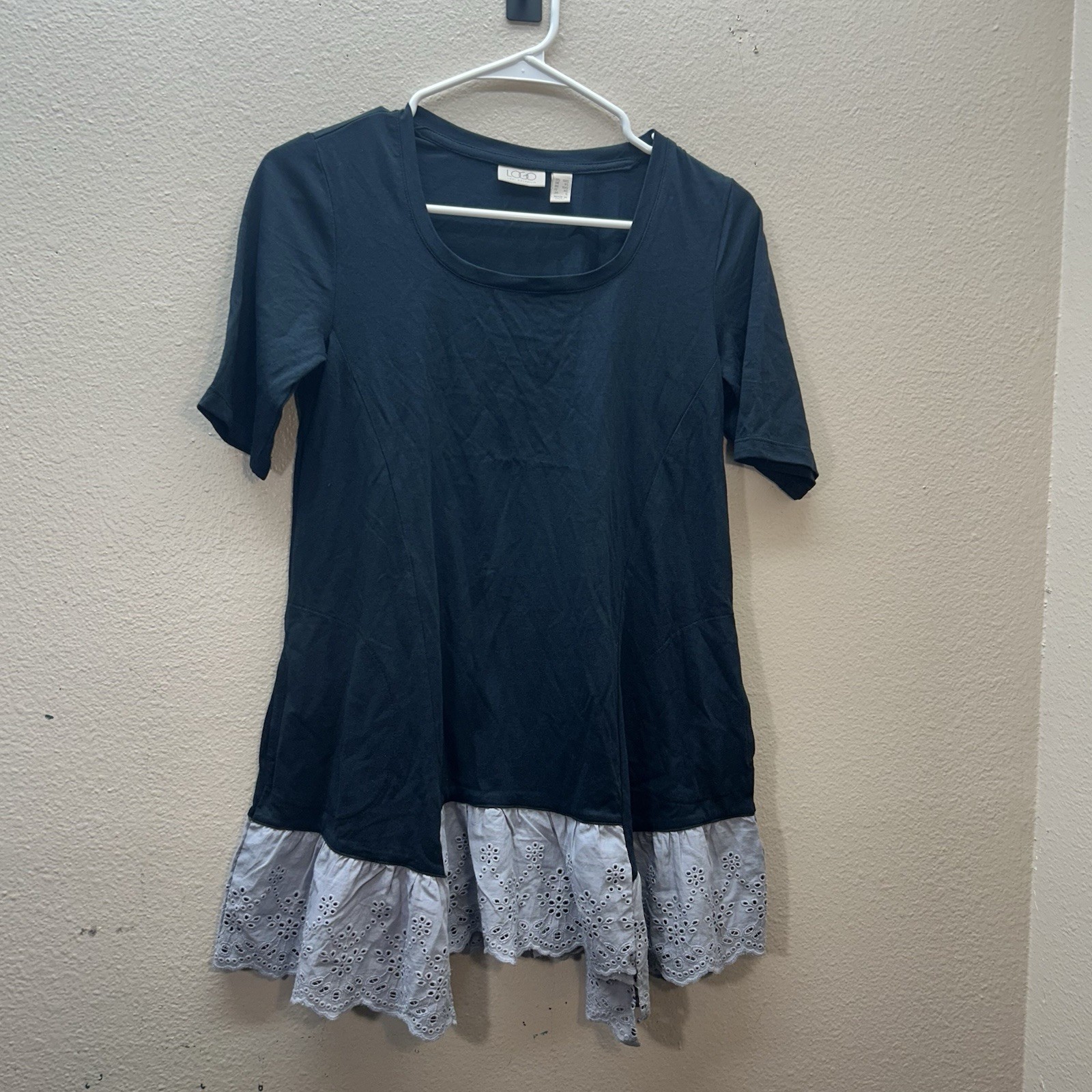 LOGO by Lori Goldstein Tunic Top Cotton Modal Half Sleeve Eyelet Lace Trim XXS