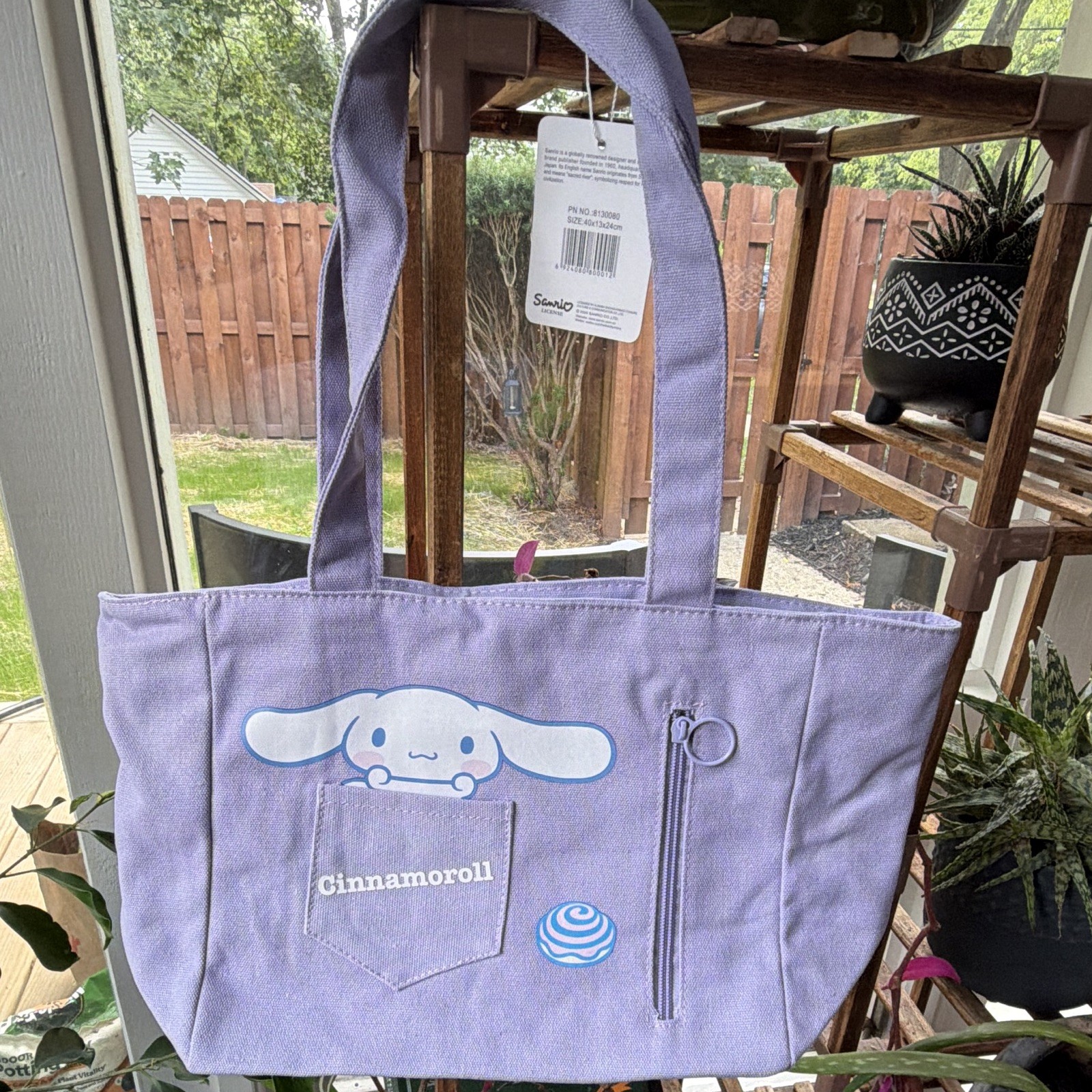 Sanrio Cinnamoroll Purple Medium Tote Bag Zip Closure w/ Inner Pockets