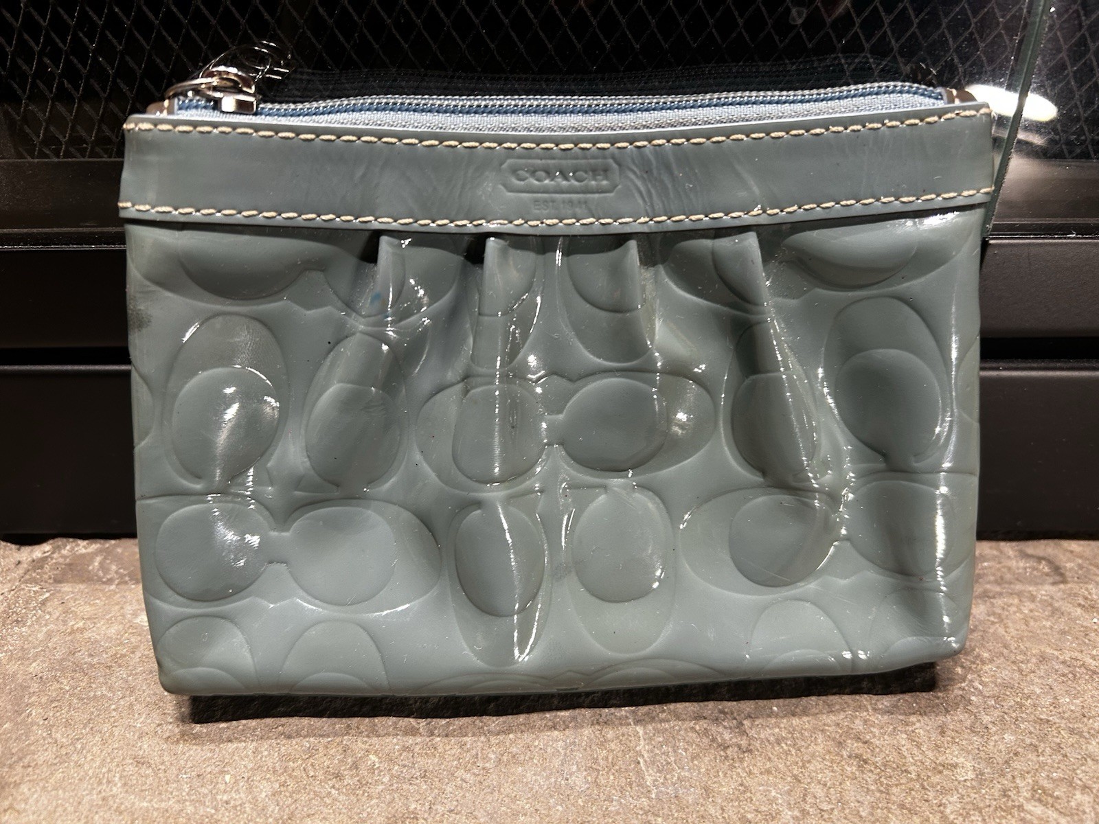 Coach Leah Embossed Patent Leather Marine Wristlet with Tan Trim 6.5×4 In