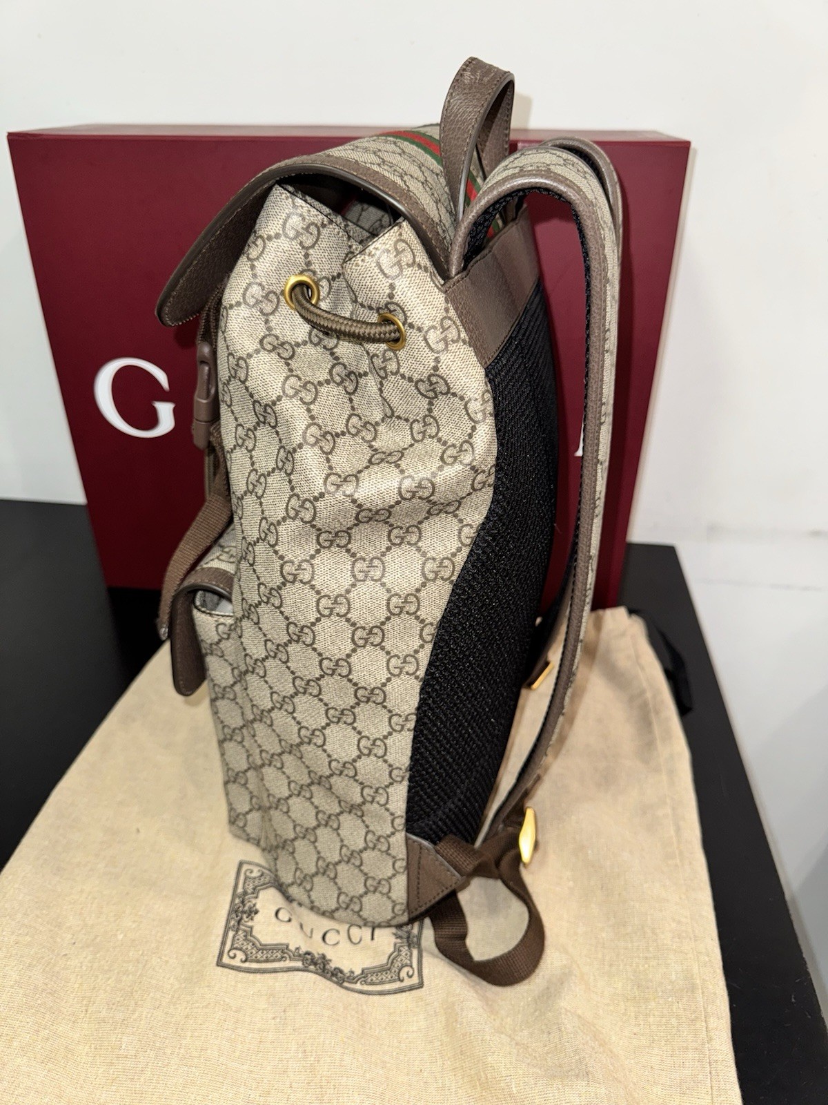 GUCCI OPHIDIA SMALL BACKPACK Beige & Ebony GG Supreme Canvas. # 792114FADMF9794