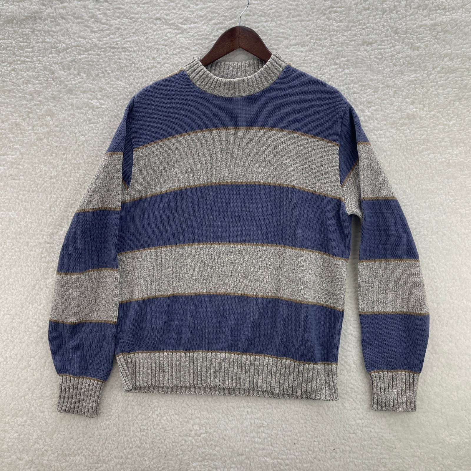 Vintage Eddie Bauer Sweater Mens XL Gray Blue Striped Fisherman Chunky Granola