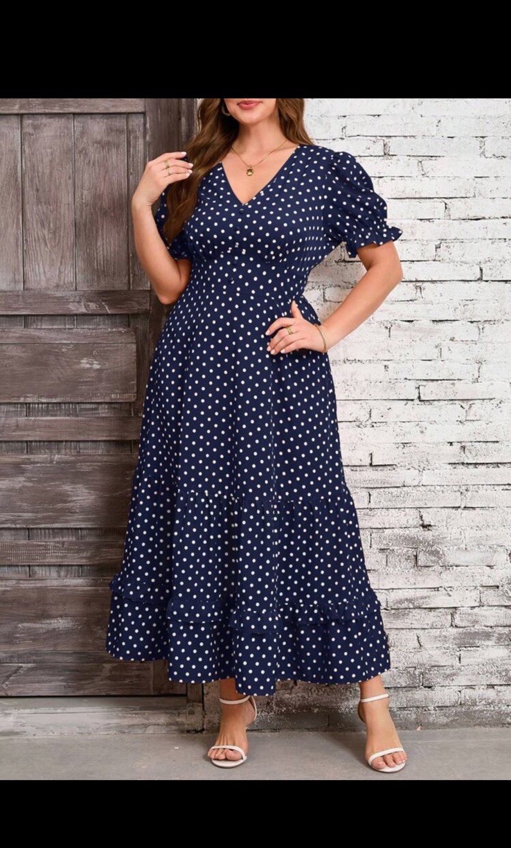 NWT clasi brand Blue White Dot A-Line Dress V-Neck Puff Shortslv Ruffle maxi 3xl