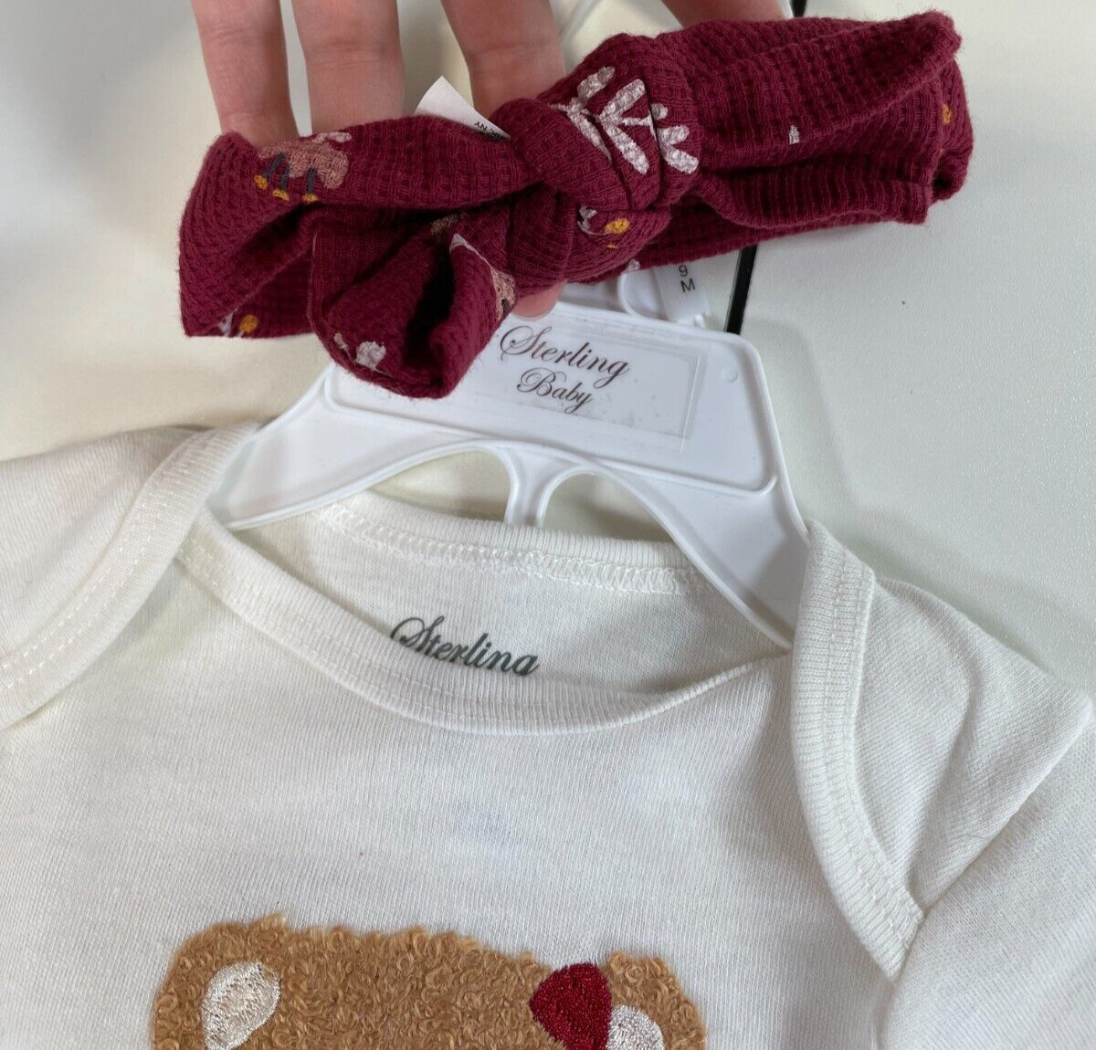 NWT Sterling Baby 3 Piece Set Long Sleeve Body Suit Pants Headband Bear 9 Months