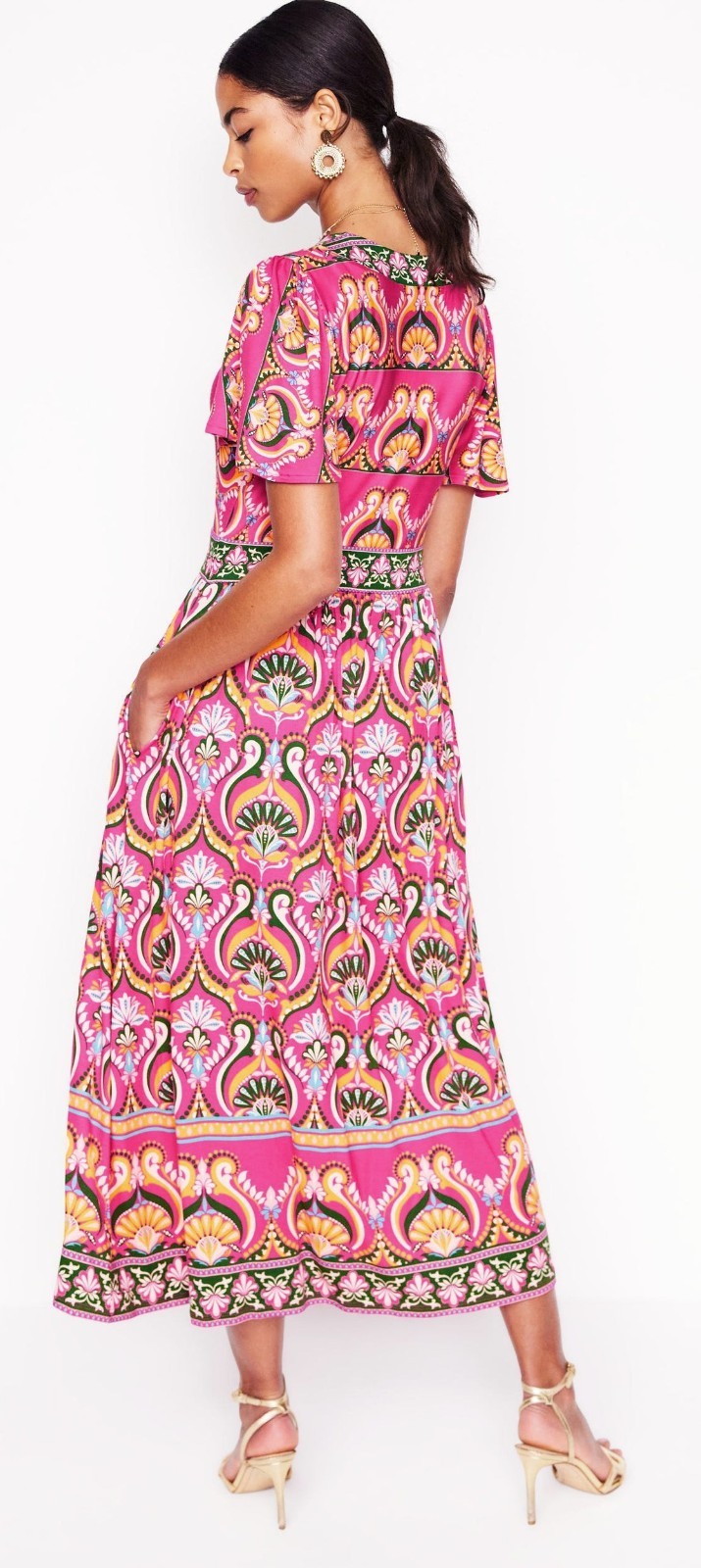Boden ELLIE FLUTTER V-Neck Pink/Green/Yellow Short Sleeve Jersey Maxi Dress 18R