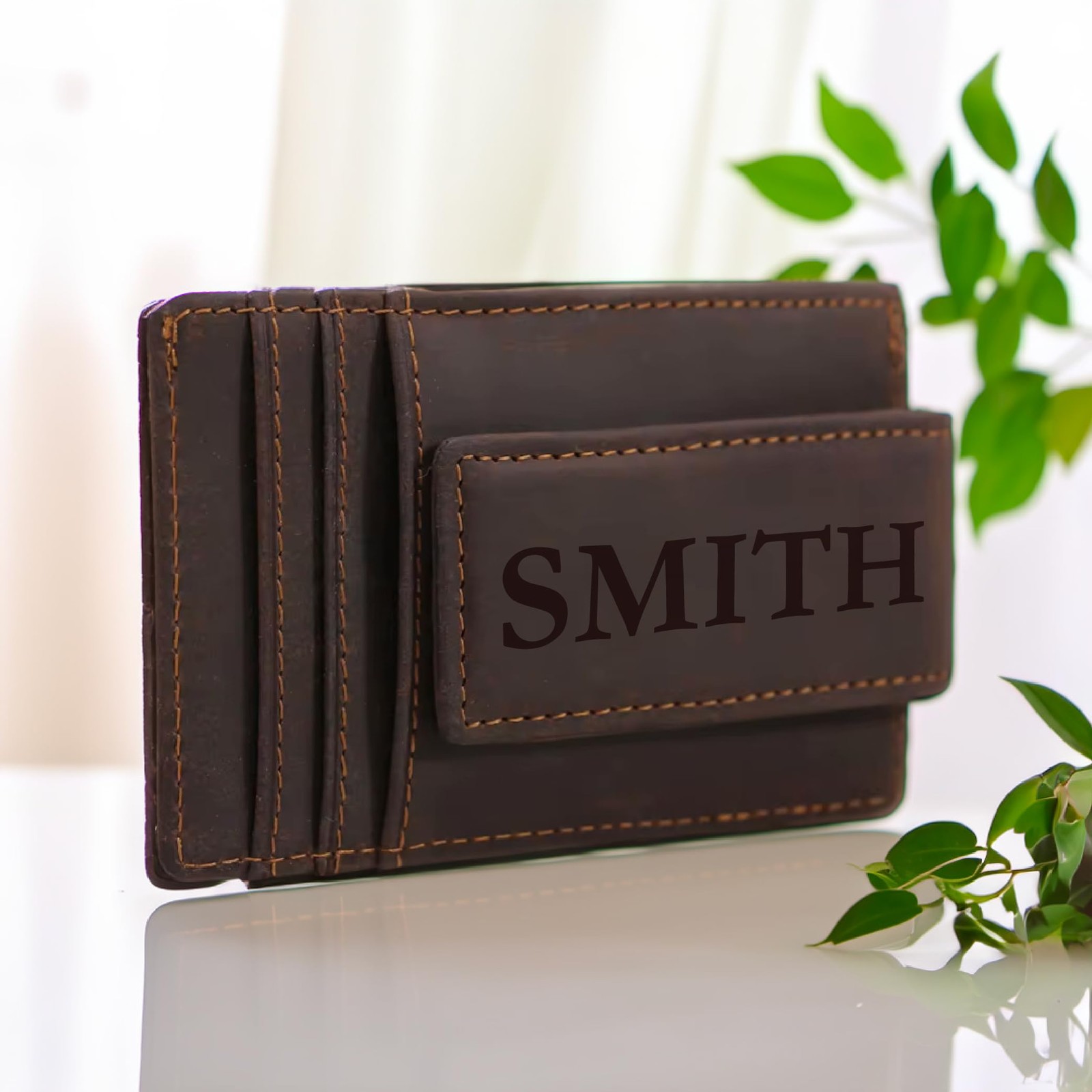 Personalized Leather Magnetic 4.3″ x 3.34″ x 0.23″, Dark Brown, Black