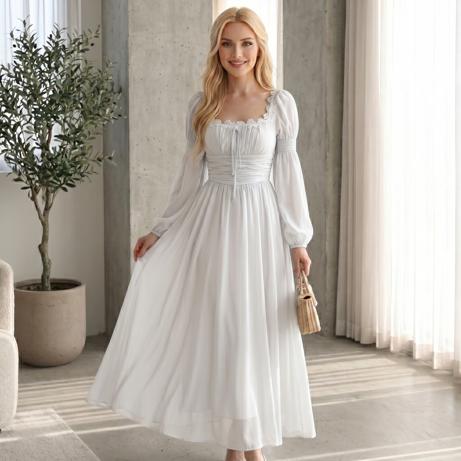 Square Neck Puff Sleeve Maxi Dress Ruched Corset Waist Prom Evening Gown