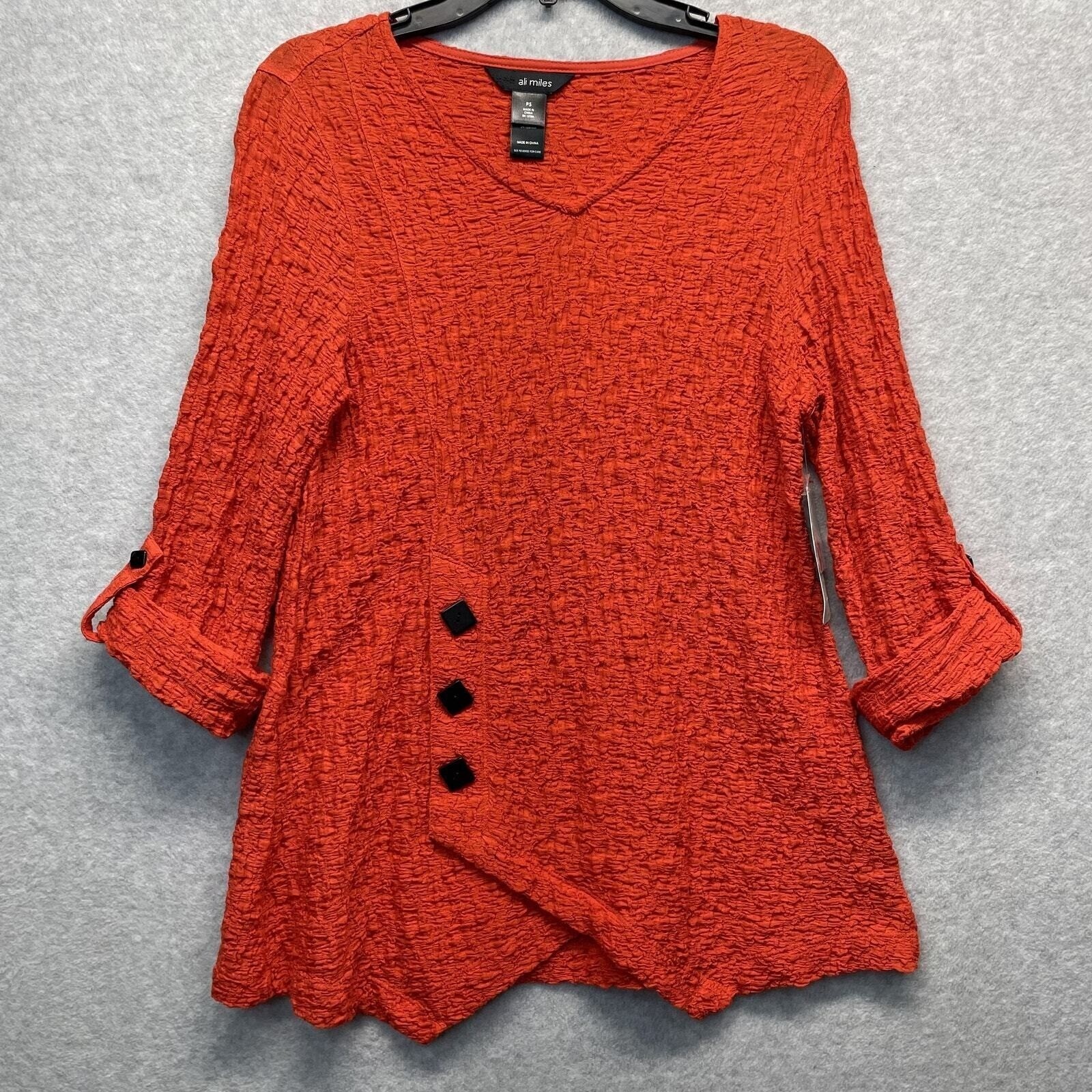 Ali Miles Textured Crinkle Top Womens Petite Small Red Blouse Roll Tab Sleeve