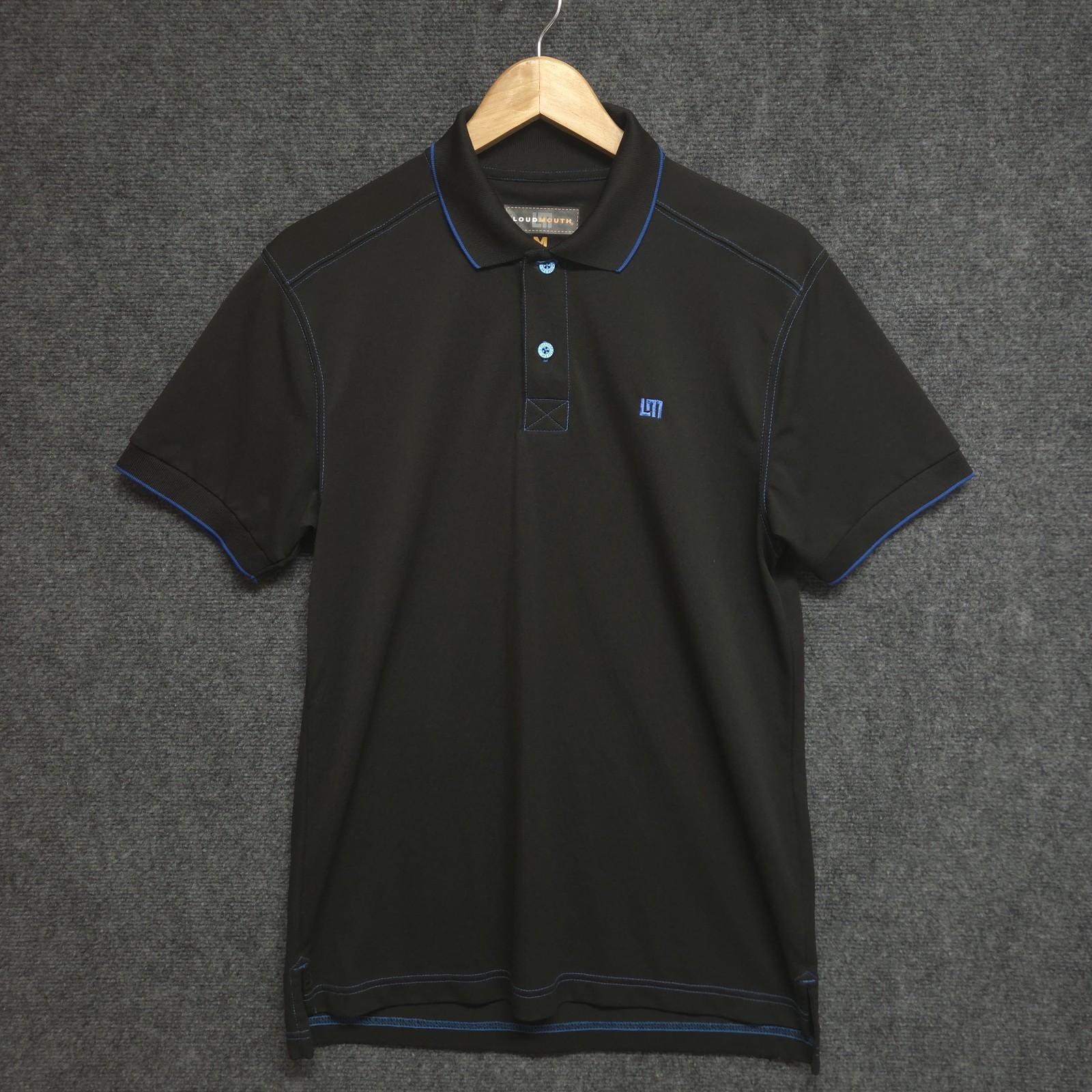 Loudmouth Golf Polo Shirt Mens Medium Black Performance Short Sleeve Blue Trim