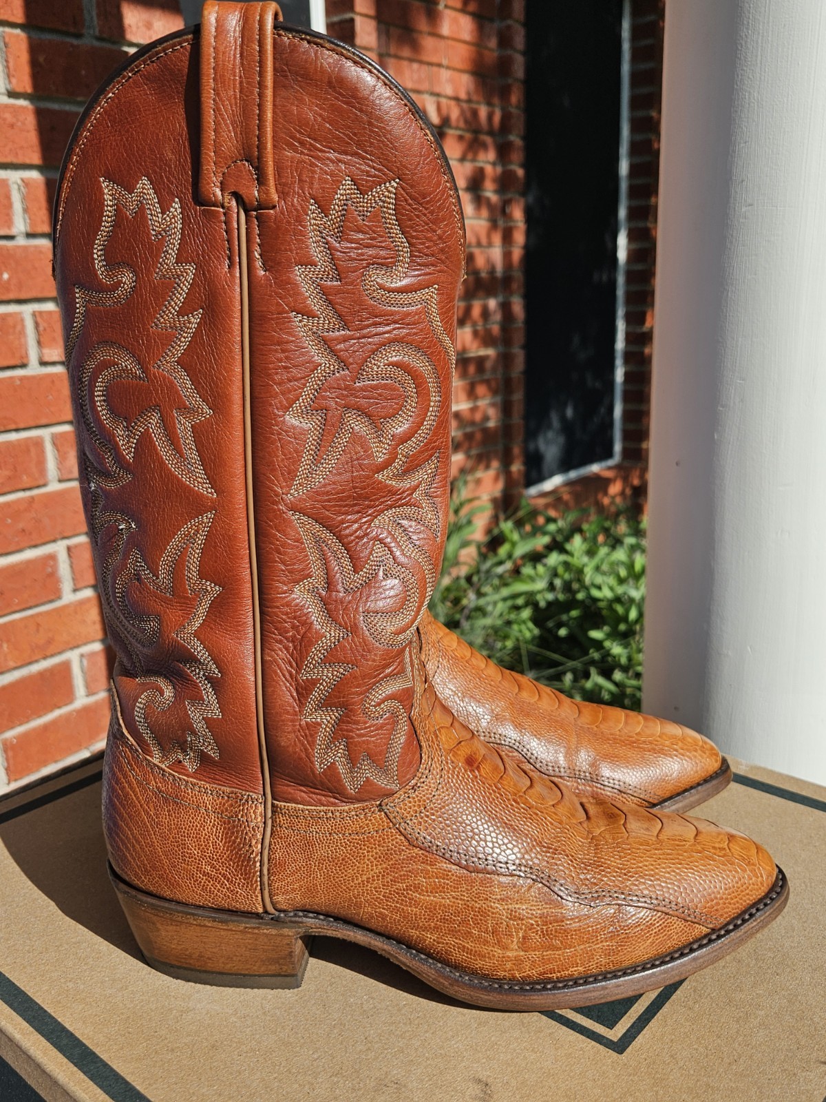 J Chisholm Men’s Cowboy Boots Size 9D “Cognac Ostrich Leg” W/NEW HEEL CAPS!