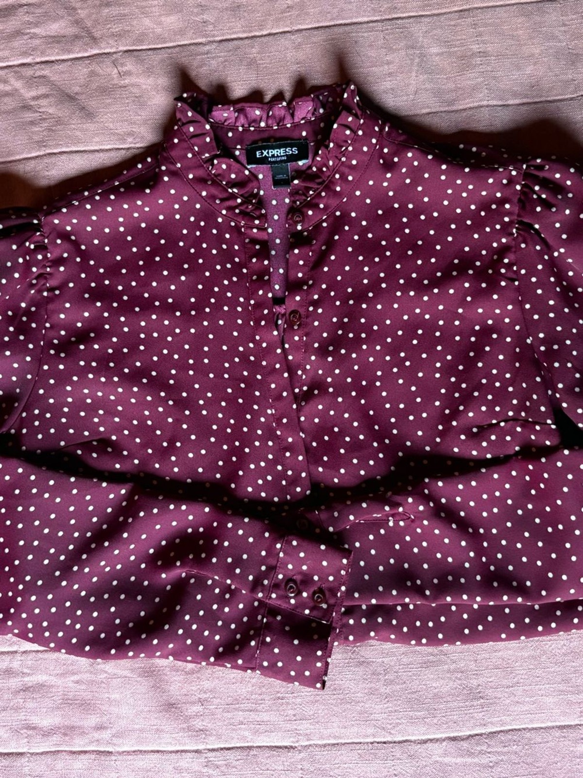 Express Portofino Button Down- Size Small- Maroon & Light Pink Polka Dot