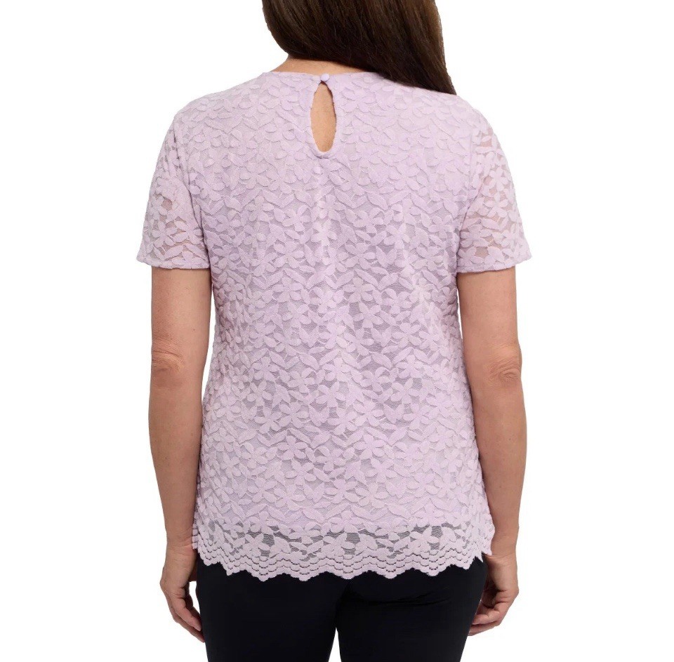 Teddi Rose Floral Lace Overlay Short Sleeve Top, Women’s, Size L, Color Purple..
