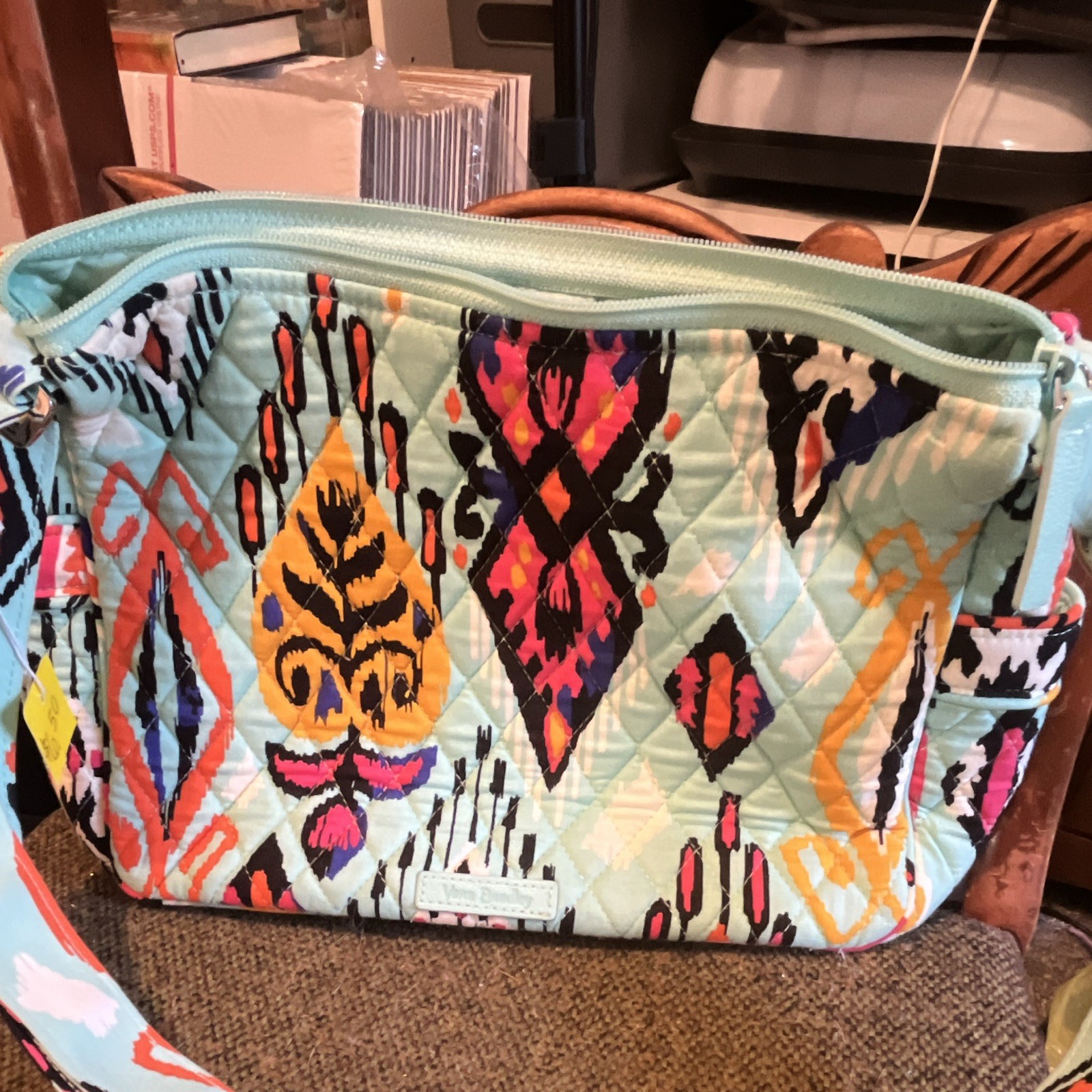 Vera Bradley Aqua Multicolor Quilted Geometric Crossbody, Zip, Detachable Strap