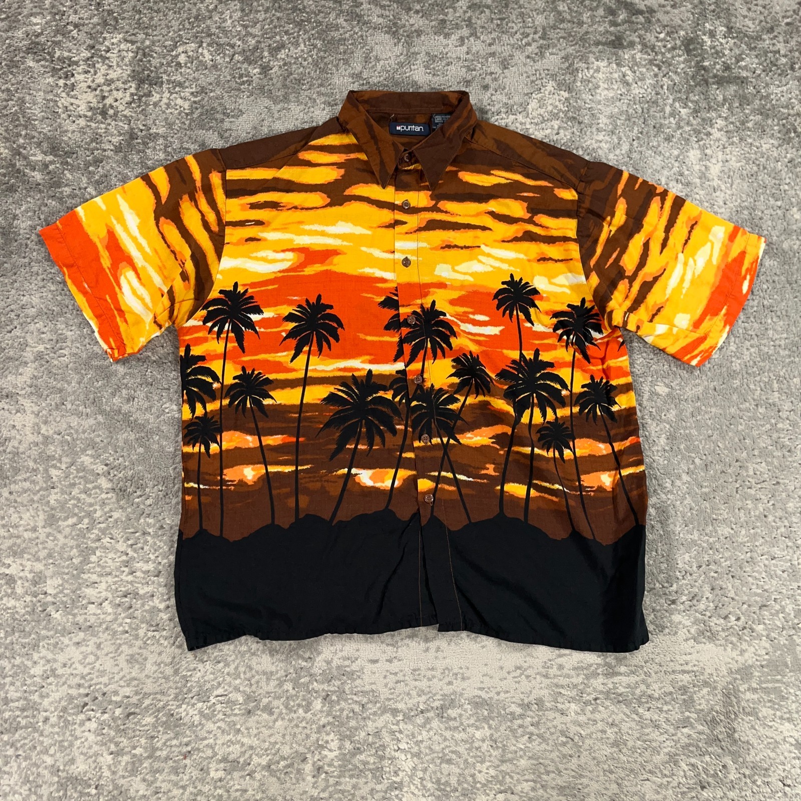 Vintage Puritan Hawaiian Shirt Mens Large L Yellow Orange Sunset Print 90s Rayon