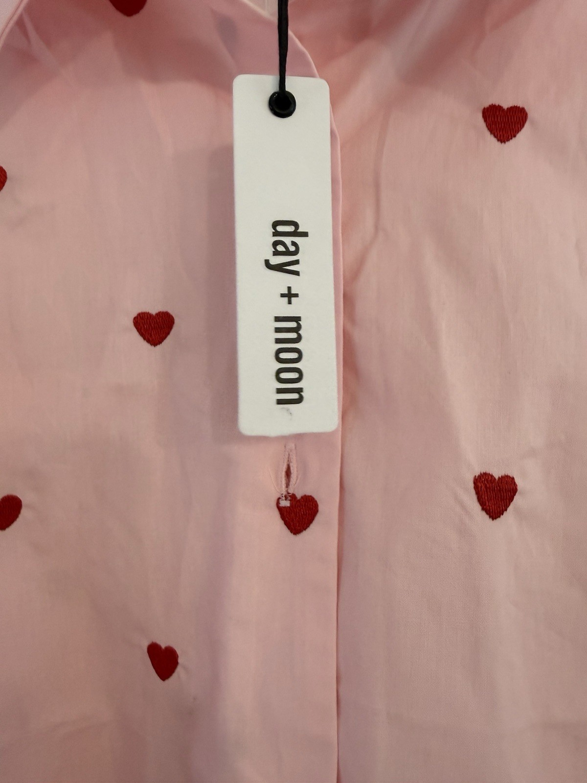 Heart Embroidered Button Down Blouse With Puff Sleeves Size M