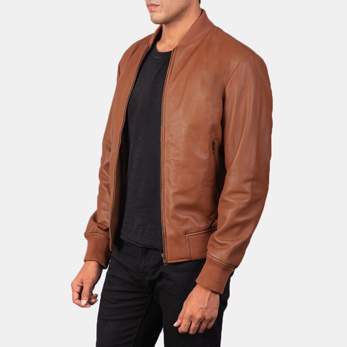 Men’s Tan Brown Bomber Real Lambskin Nappa Leather Jacket Slim Fit Casual – 049