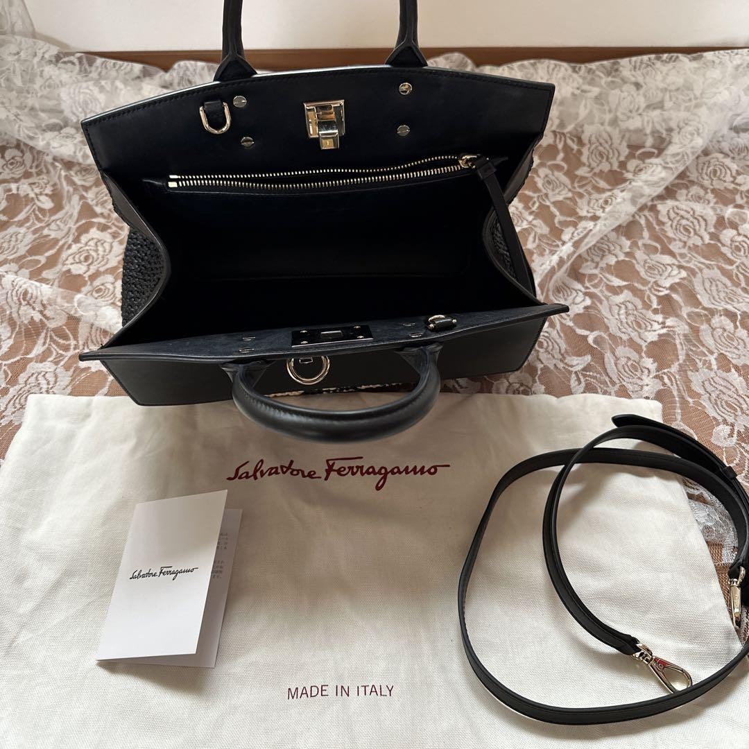 Ferragamo Studio Bag Raffia Leather 2Way Black 29cm 11.4in Wide Minor Flaw