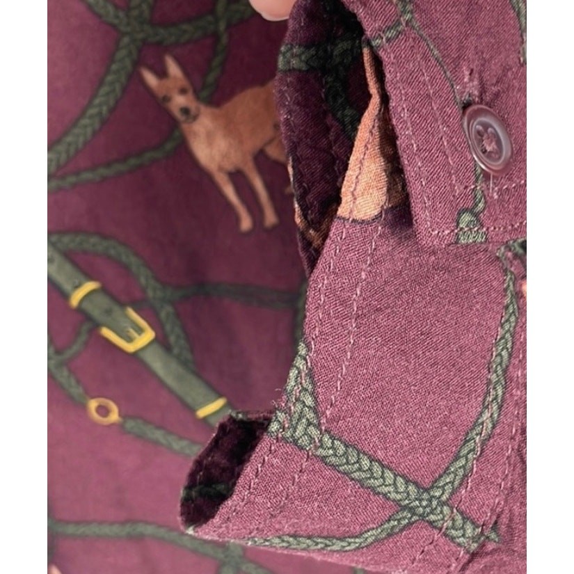 Beach lunch lounge all over dog puppy print button front burgundy blouse sz M