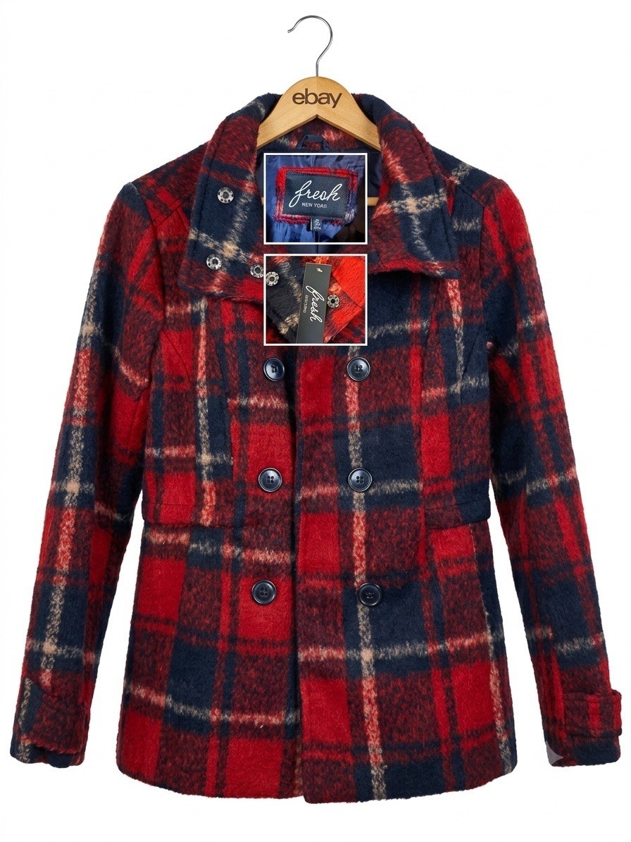 New Fresh New York Red Plaid Double Breasted Pea Coat Size M Misses Womens