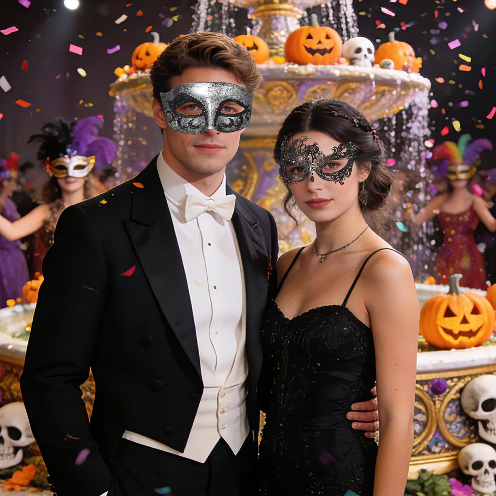 2Pcs Couple Carnival Masquerade Mask Set Metallic Festival Party Halloween Masks