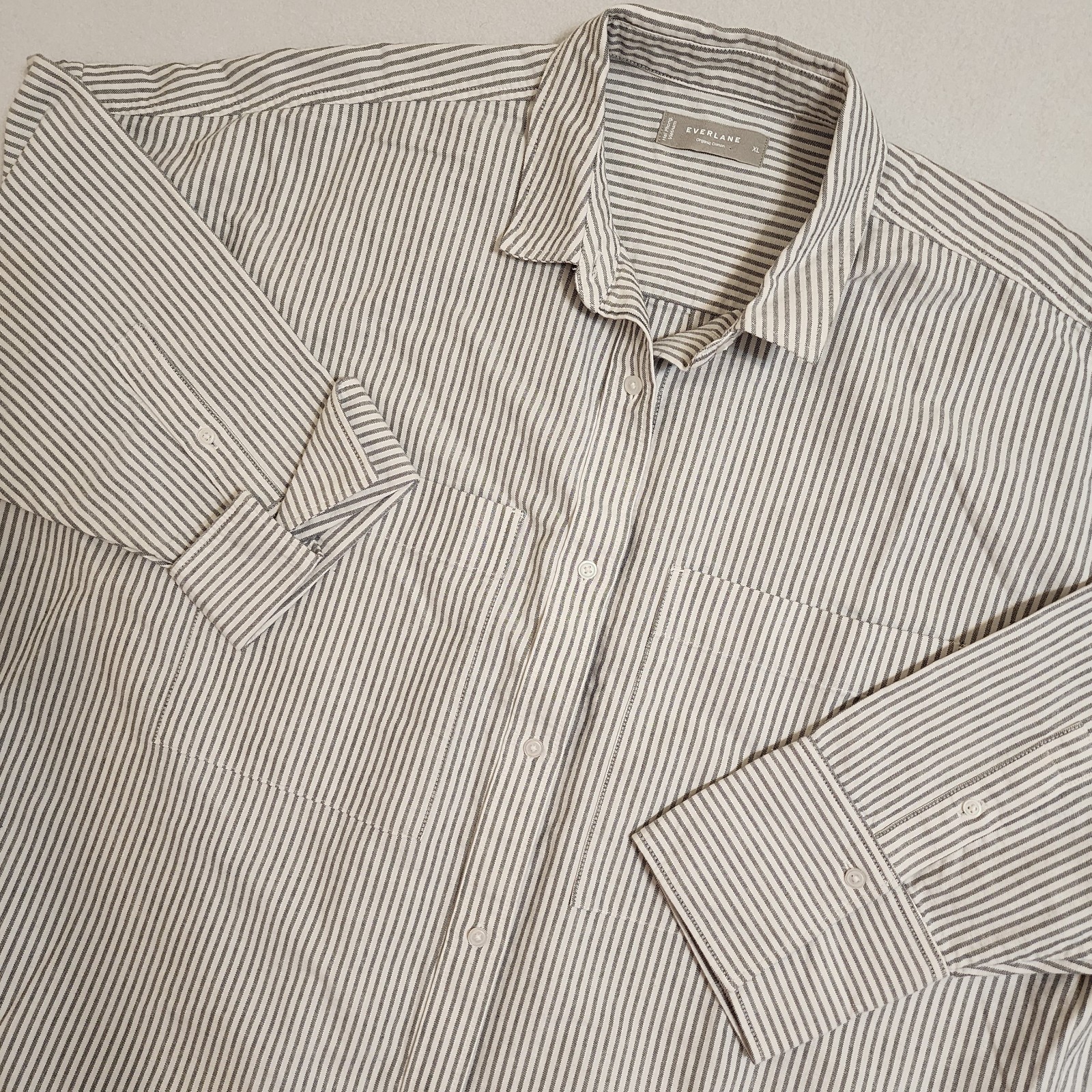 Everlane XL Organic Cotton Overshirt Shacket Grey White Striped Button Down