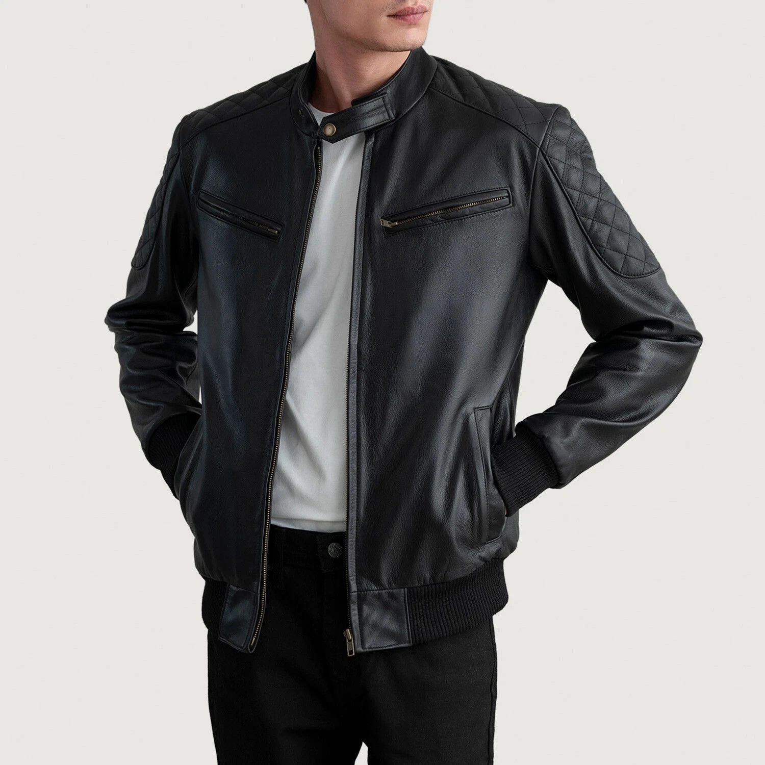 NEW Men’s Black Lambskin Leather Quilted Bomber Jacket Size S M L XL XXL 3XL 4XL