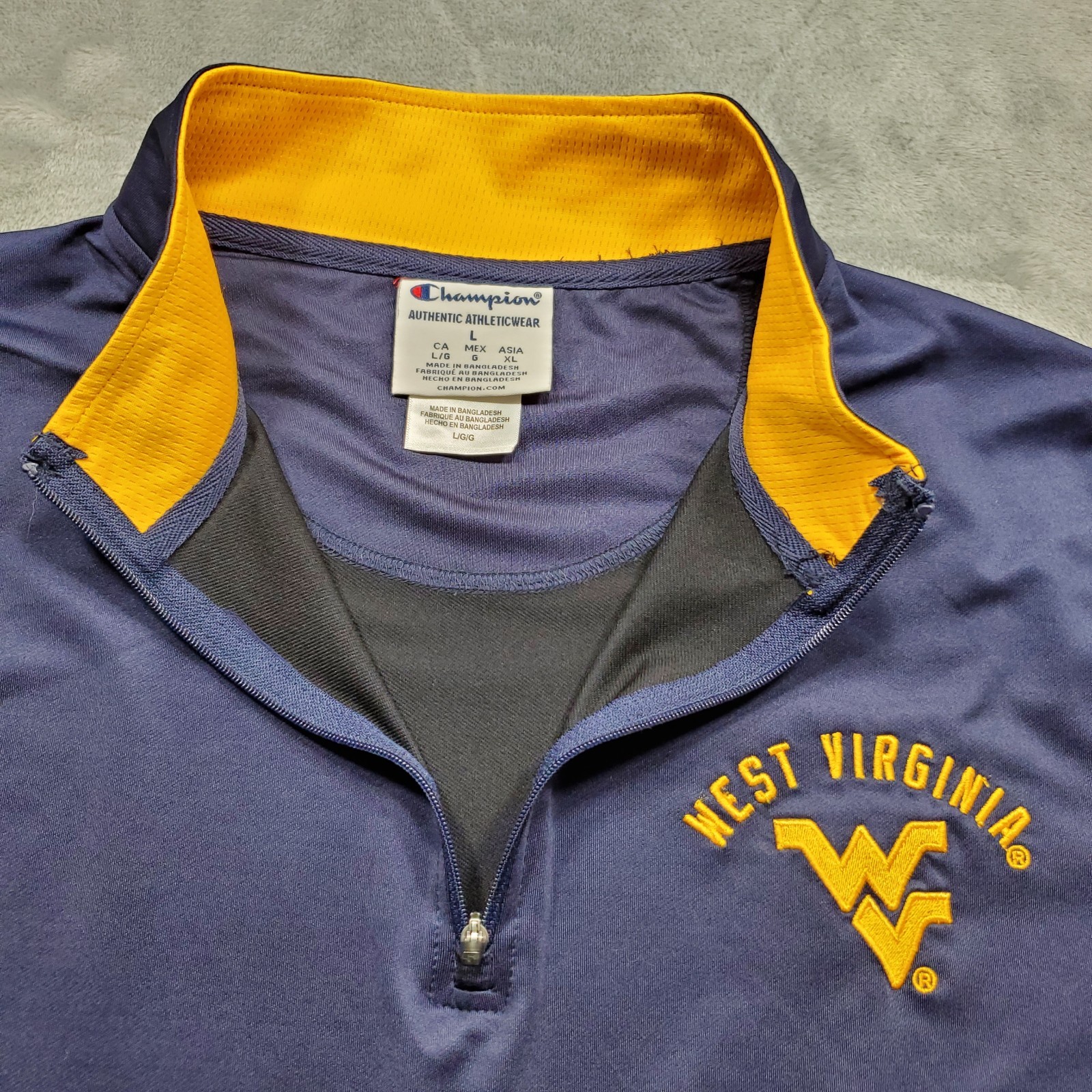 Champion 1/4 Zip Pullover West Virginia Embroidered Logo Navy Yellow Men Sz L