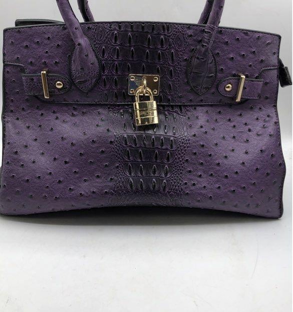 Dasein Ostrich Purple Structured Satchel Handbag with Gold-Tone Lock