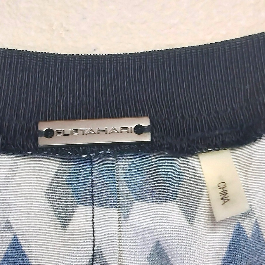 100% Silk Lamb Leather Accents Shoulder Geometric Blouse Navy Blue Elie Tahari