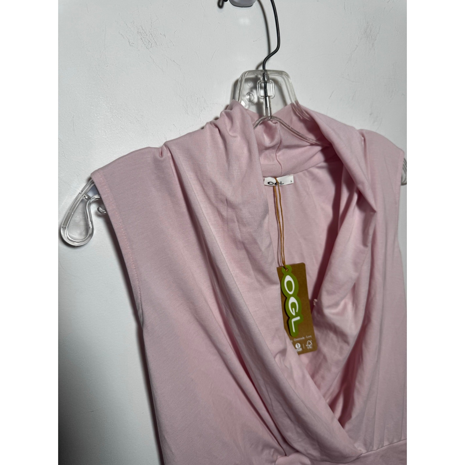 OGL Pink Faux Wrap Top Short Sleeve V-Neck Modal Jersey Comfort Blouse Women’s S