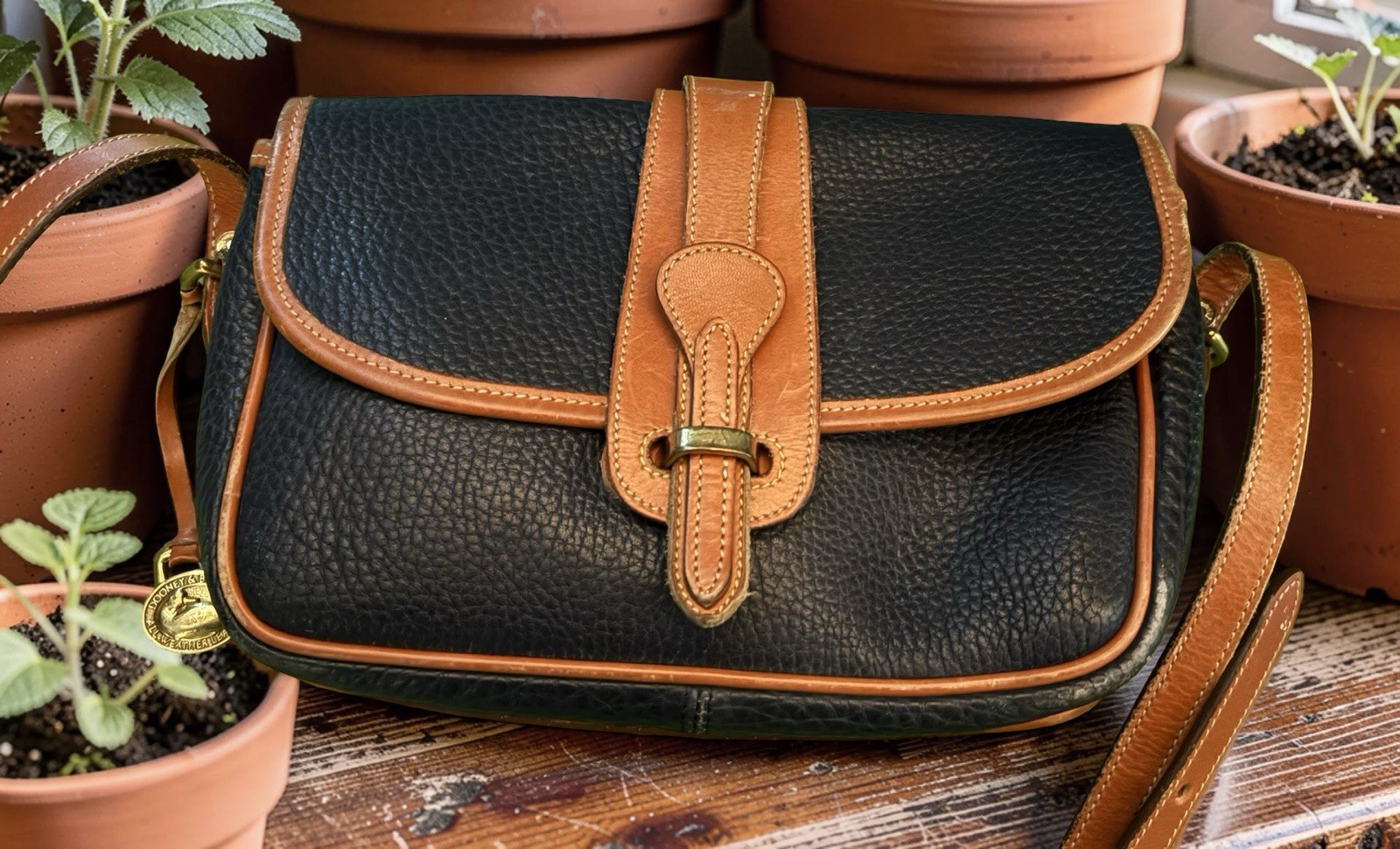 Dooney Bourke Navy Blue Vintage Flap Equestrian Tack Bag All Weather Leather