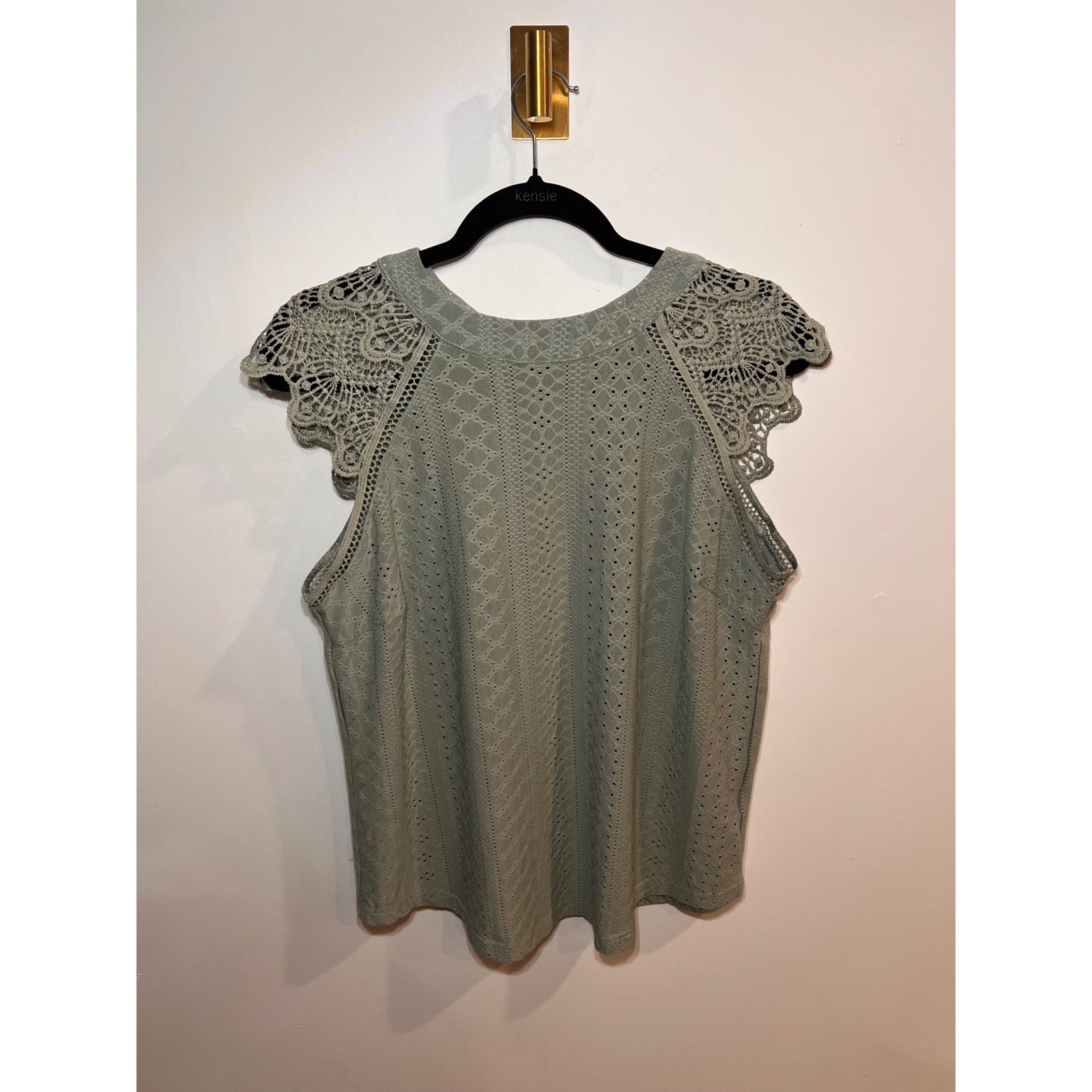 Boho Crochet Lace Trim Sage Green Cap Sleeve Top- Large